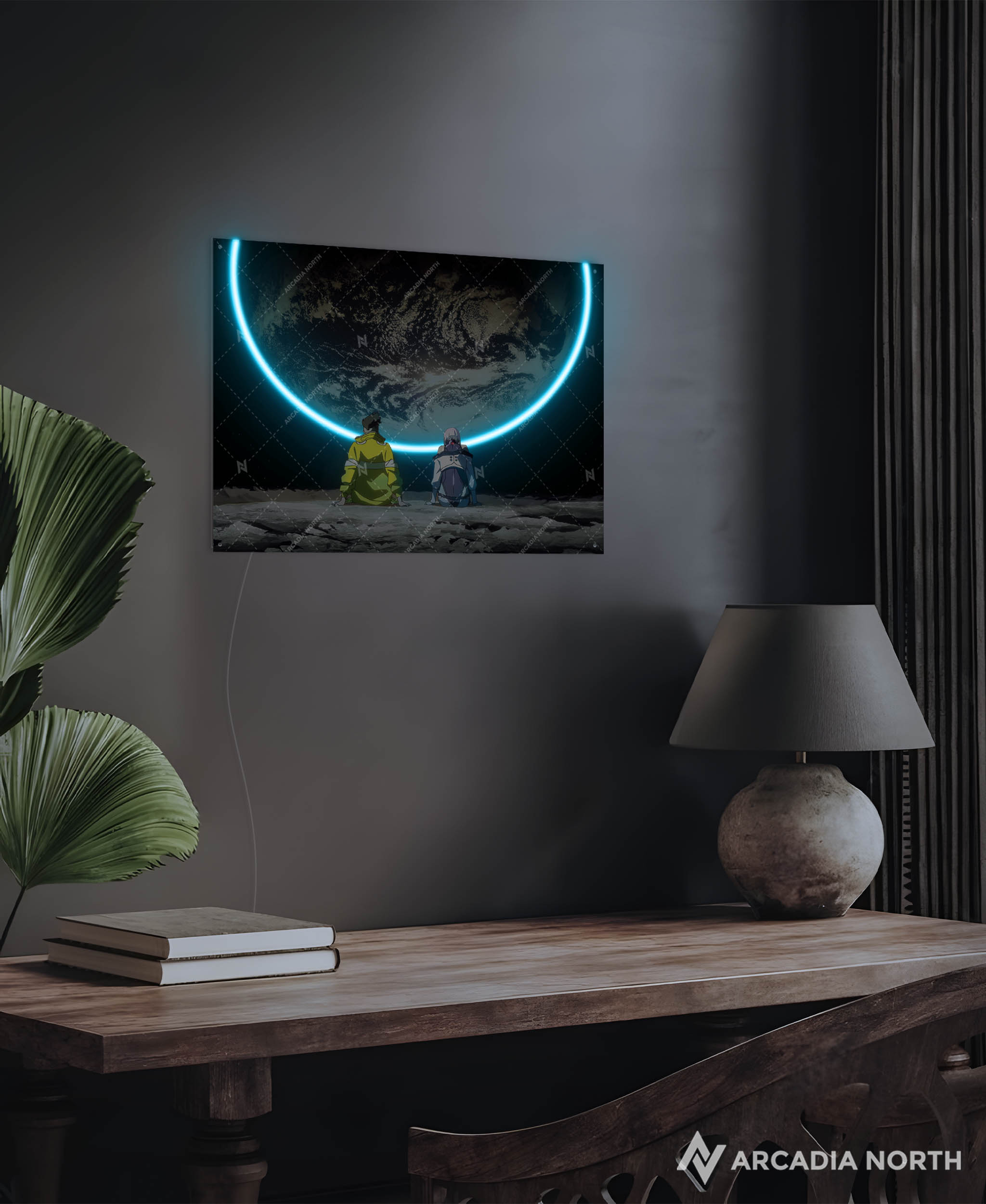 Arcadia North AURALIGHT - an LED Poster featuring the anime Cyberpunk: Edgerunners with David and Lucy moon scene. Illuminated by glowing neon LED lights. UV-printed on acrylic.