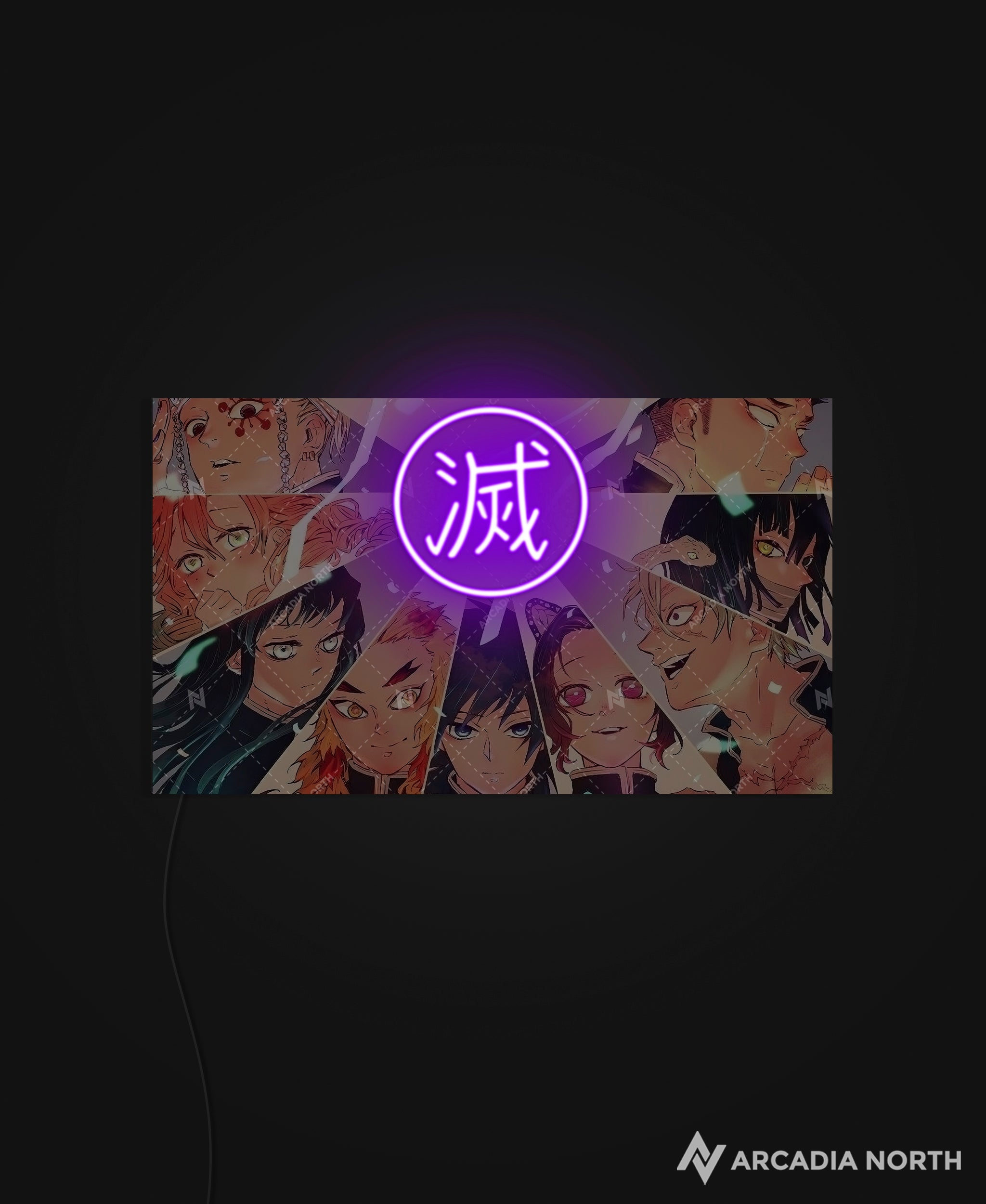 Arcadia North AURALIGHT - an LED Acrylic Poster featuring the anime Demon Slayer. Giyu Tomioka, Mitsuri Kanroji, Obanai Iguro, Sanemi Shinazugawa, Gyomei Himejima, Muichiro Tokito, Shinobu Kocho, Kyojuro Rengoku, and Tengen Uzui surround the Japanese Kanji for destroy. Illuminated by glowing neon LED lights. UV-printed on acrylic.