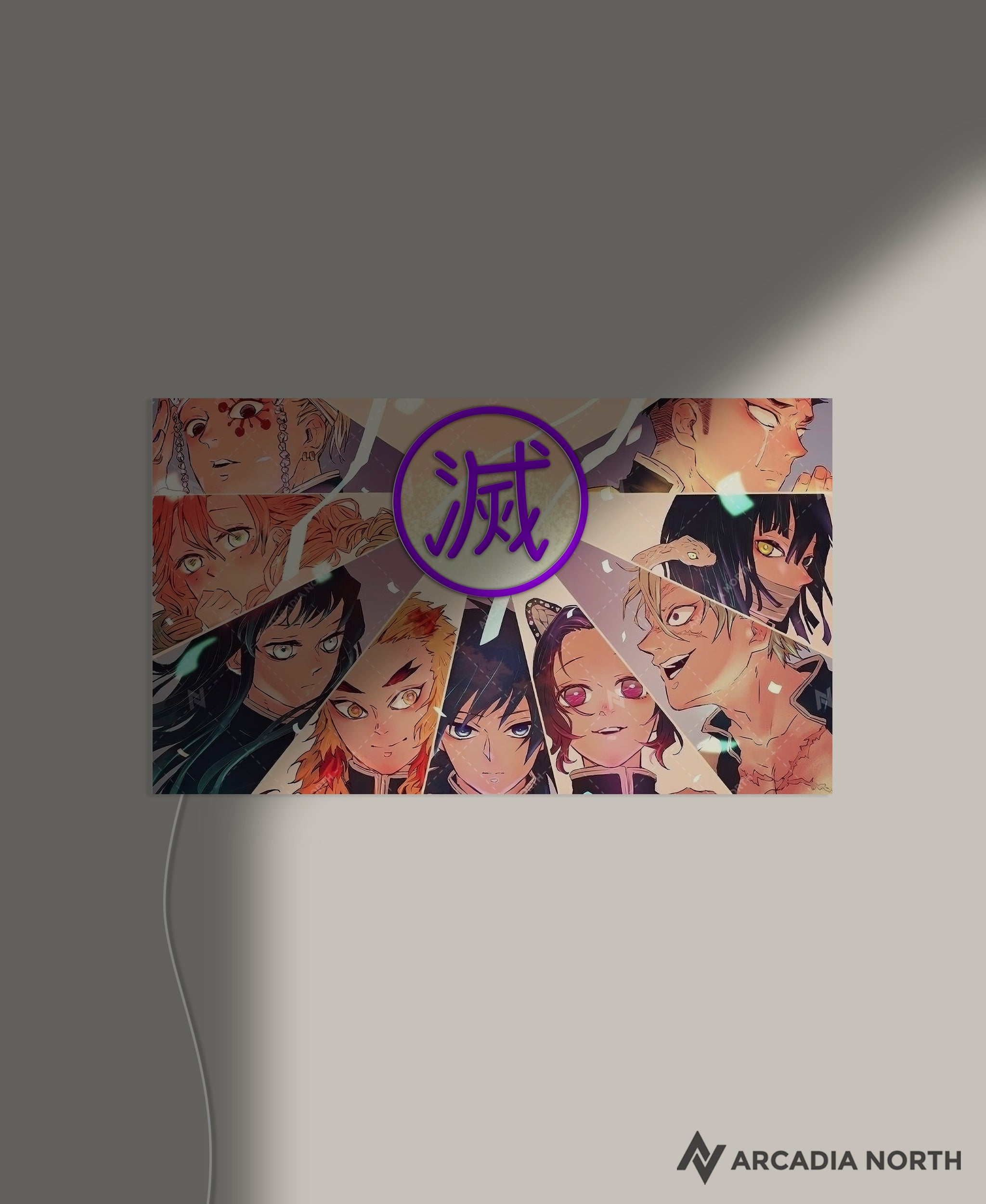 Arcadia North AURALIGHT - an LED Acrylic Poster featuring the anime Demon Slayer. Giyu Tomioka, Mitsuri Kanroji, Obanai Iguro, Sanemi Shinazugawa, Gyomei Himejima, Muichiro Tokito, Shinobu Kocho, Kyojuro Rengoku, and Tengen Uzui surround the Japanese Kanji for destroy. Illuminated by glowing neon LED lights. UV-printed on acrylic.