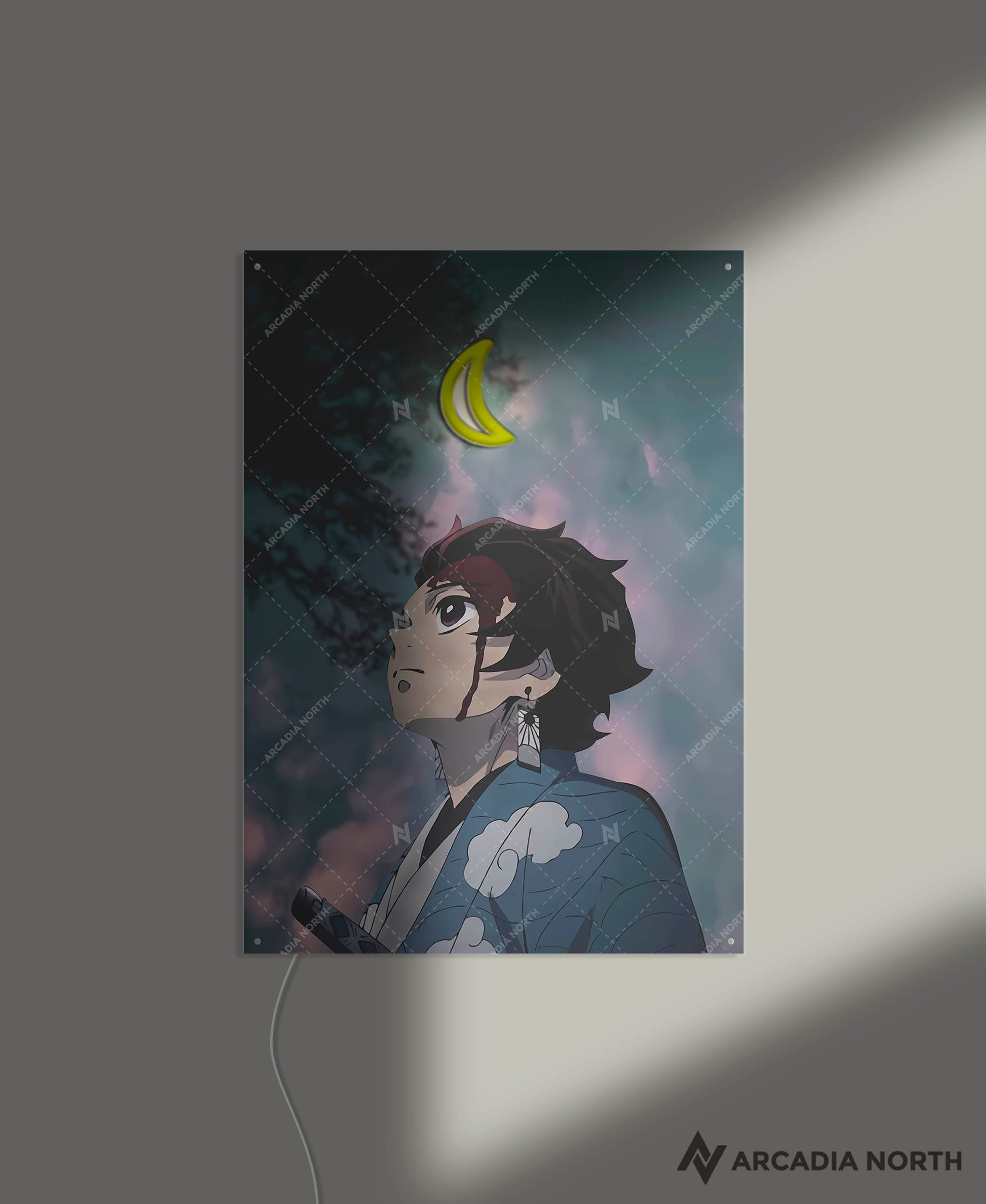 Arcadia North AURALIGHT - an LED Poster featuring the anime Demon Slayer with Tanjiro Kamado in front of a crescent moon Illuminated by glowing neon LED lights. UV-printed on acrylic.