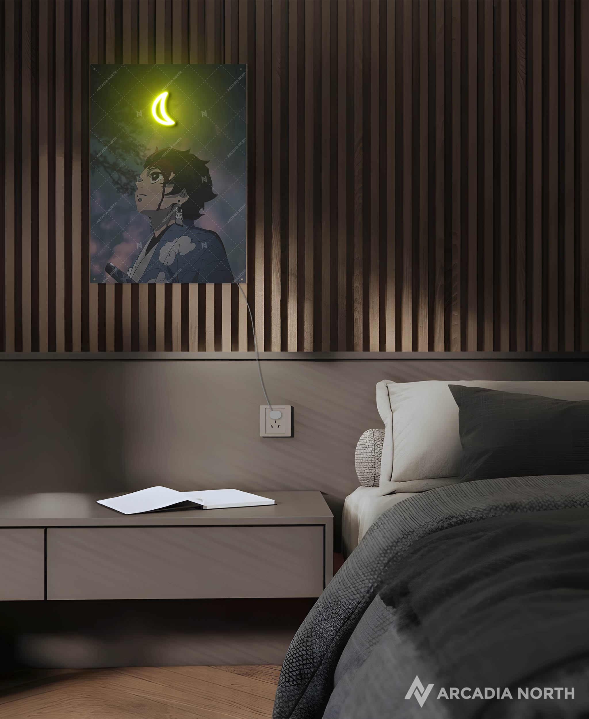 Arcadia North AURALIGHT - an LED Poster featuring the anime Demon Slayer with Tanjiro Kamado in front of a crescent moon Illuminated by glowing neon LED lights. UV-printed on acrylic.