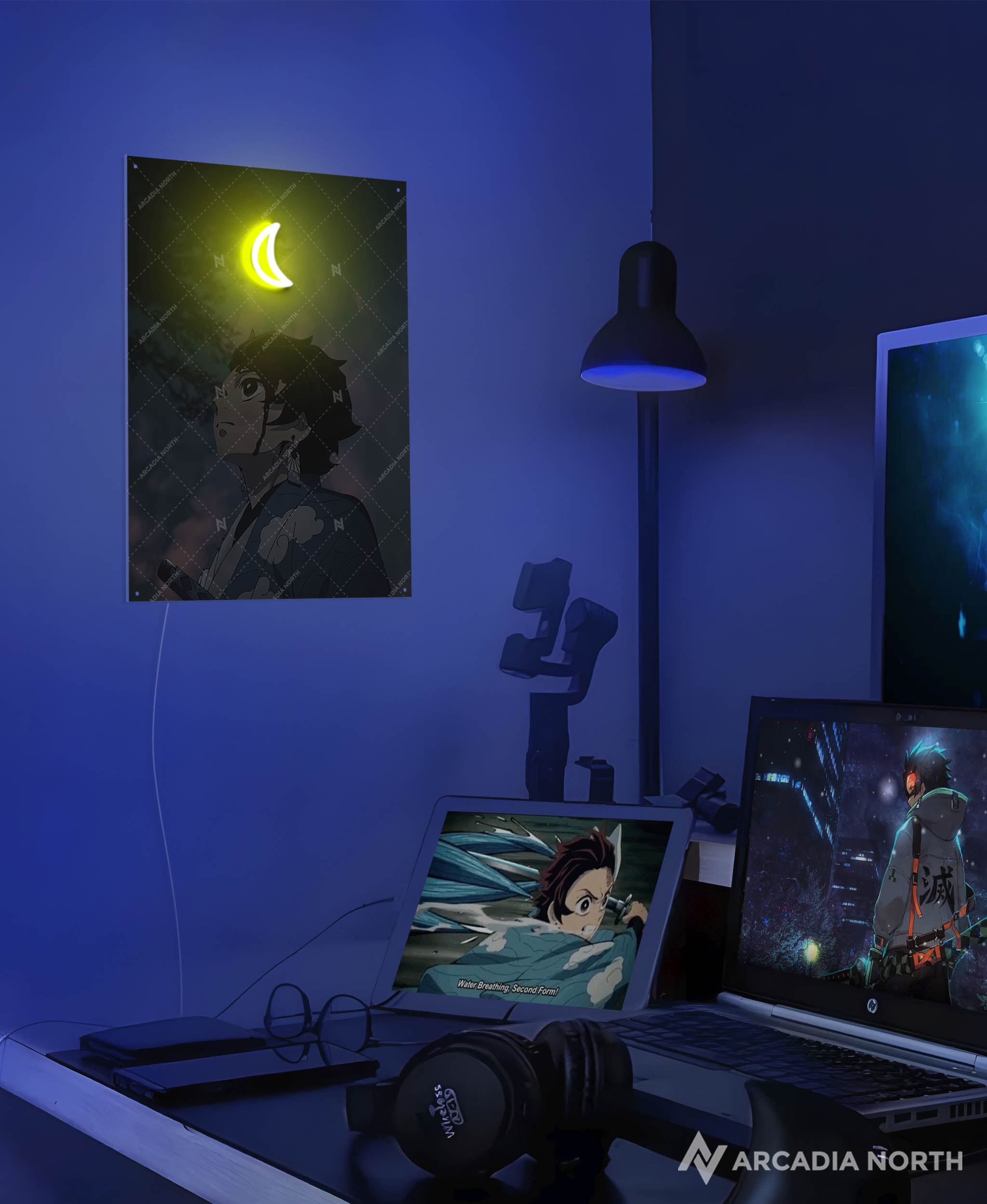 Arcadia North AURALIGHT - an LED Poster featuring the anime Demon Slayer with Tanjiro Kamado in front of a crescent moon Illuminated by glowing neon LED lights. UV-printed on acrylic.