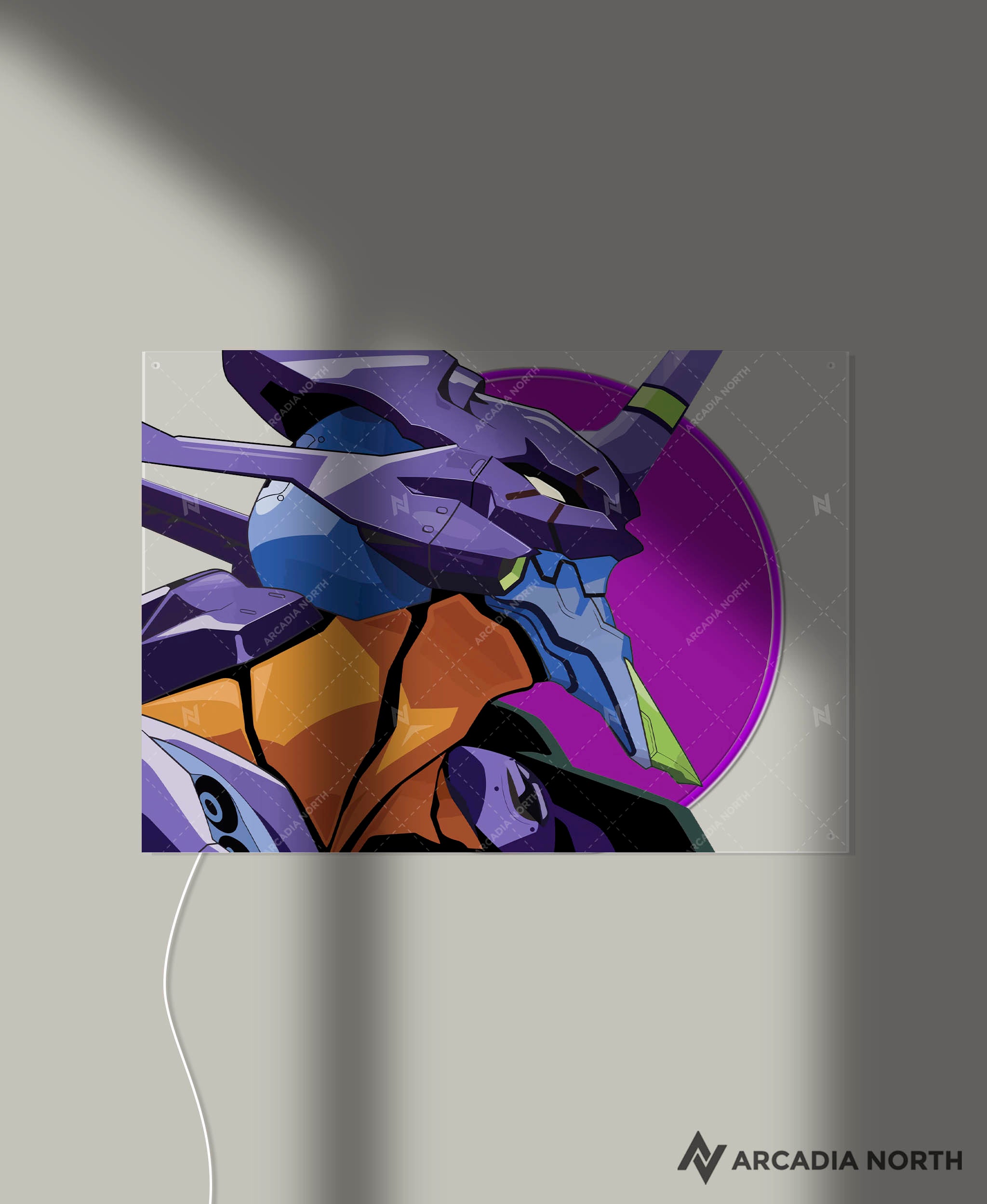 Arcadia North AURALIGHT - an LED Poster featuring the anime Neon Genesis Evangelion with Evangelion Unit-01 or Eva-01 illuminated by glowing neon LED lights. UV-printed on acrylic.