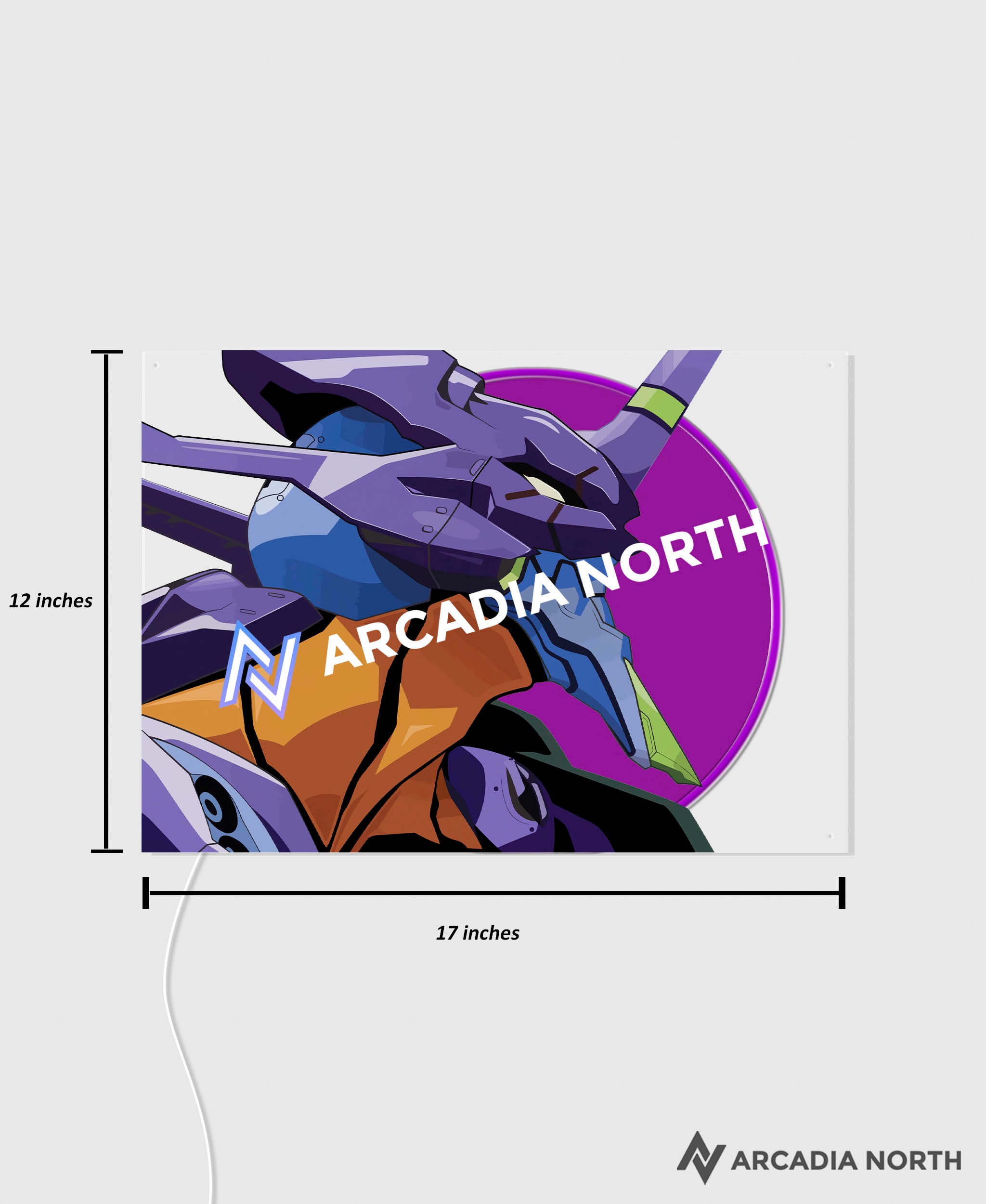Arcadia North AURALIGHT Original LED Poster featuring the anime Neon Genesis Evangelion with Evangelion Unit-01 or Eva-01 illuminated by glowing neon LED lights. UV-printed on acrylic.