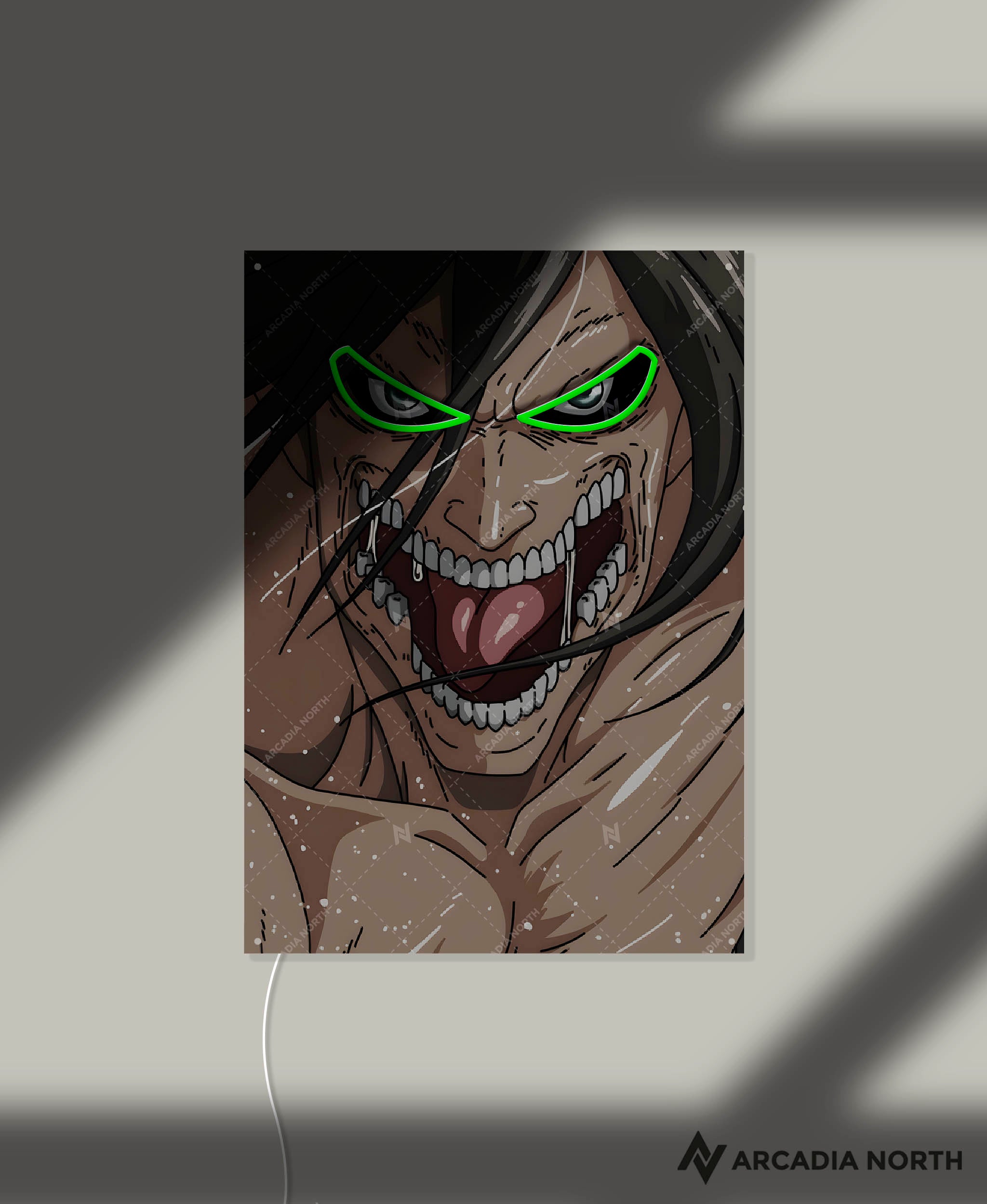 Arcadia North AURALIGHT - an LED Poster featuring the anime Attack on Titan with Eren as the Attack TItan with glowing green eyes. Illuminated by glowing neon LED lights. UV-printed on acrylic.