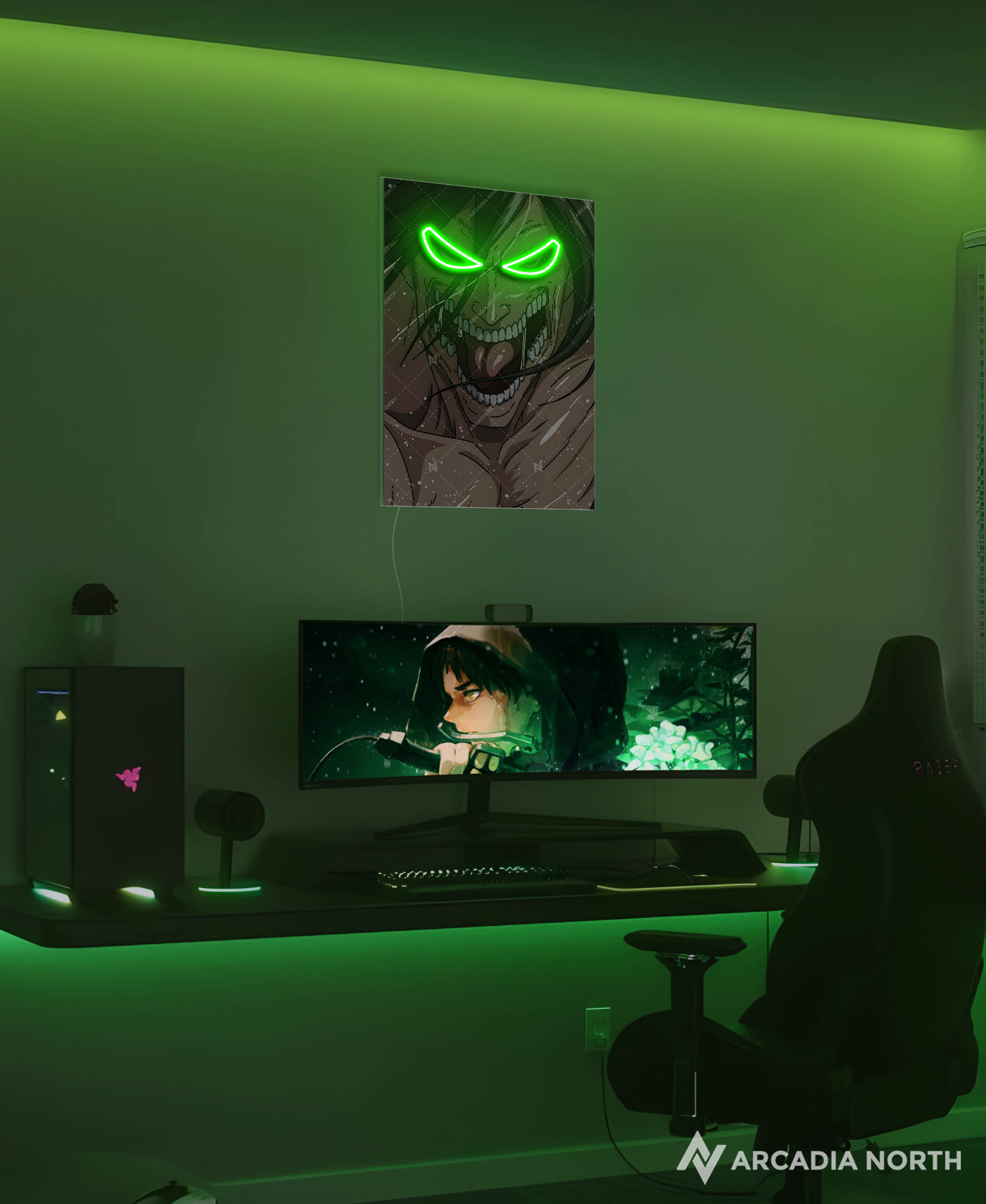 Arcadia North AURALIGHT - an LED Poster featuring the anime Attack on Titan with Eren as the Attack TItan with glowing green eyes. Illuminated by glowing neon LED lights. UV-printed on acrylic.