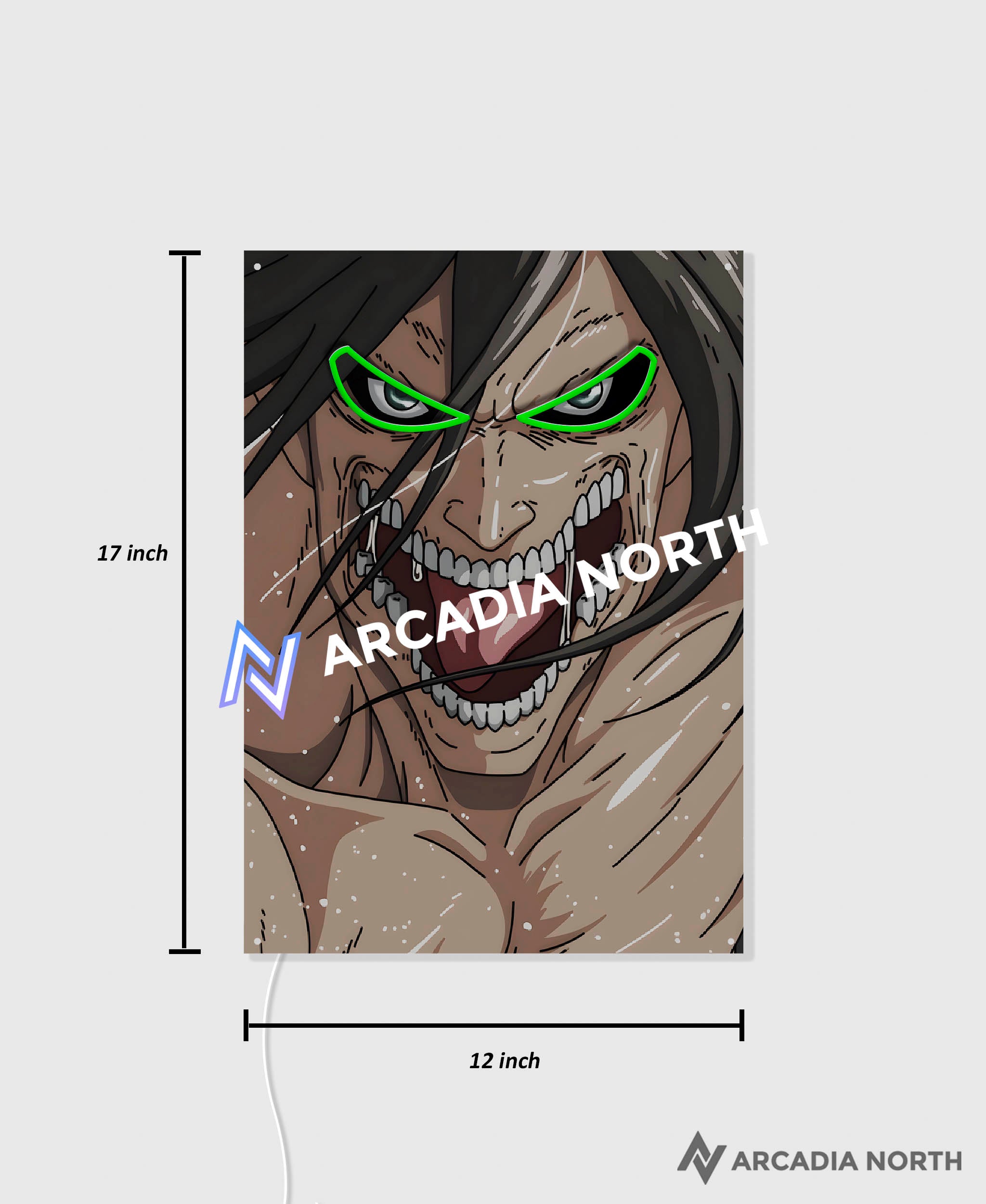 Arcadia North AURALIGHT Original LED Poster featuring the anime Attack on Titan with Eren as the Attack TItan with glowing green eyes. Illuminated by glowing neon LED lights. UV-printed on acrylic.