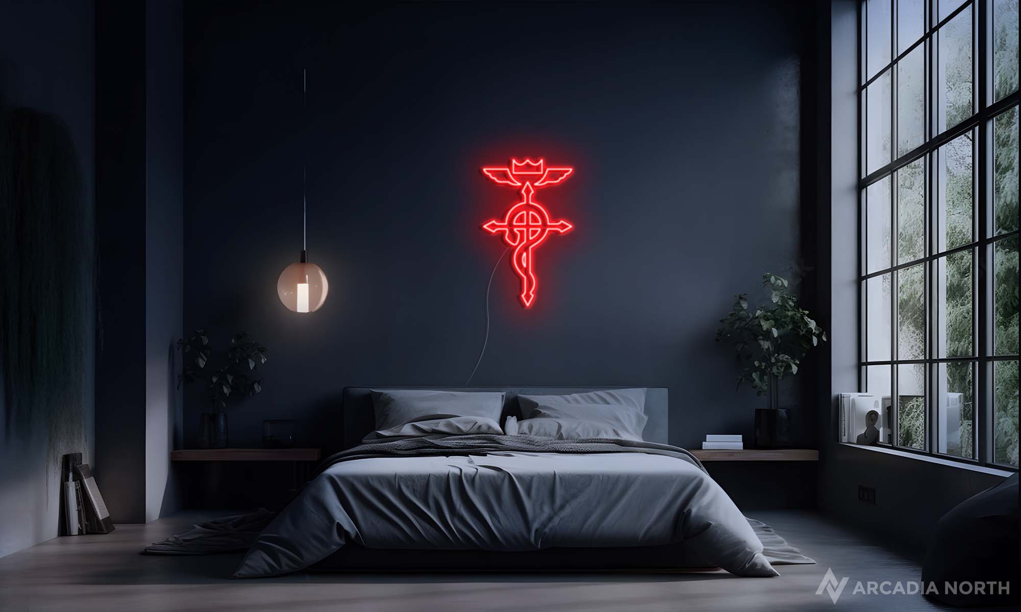 Modern bedroom with a red Fullmetal Alchemist anime Flamel symbol neon sign glowing on the wall above the bed