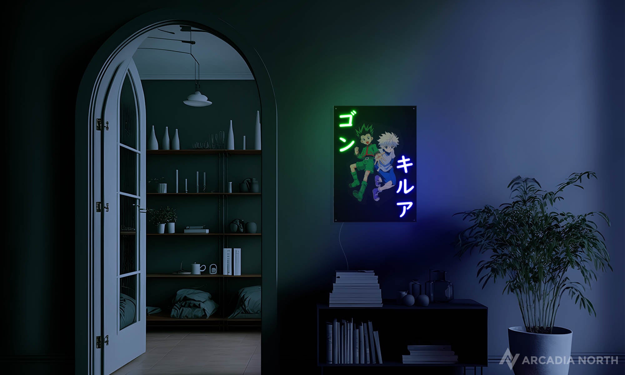 Arcadia North Original LED Poster featuring the anime Hunter x Hunter with Gon and Killua and their names written in Japanese Katakana. Illuminated by LED neon lights. UV-printed poster on acrylic.