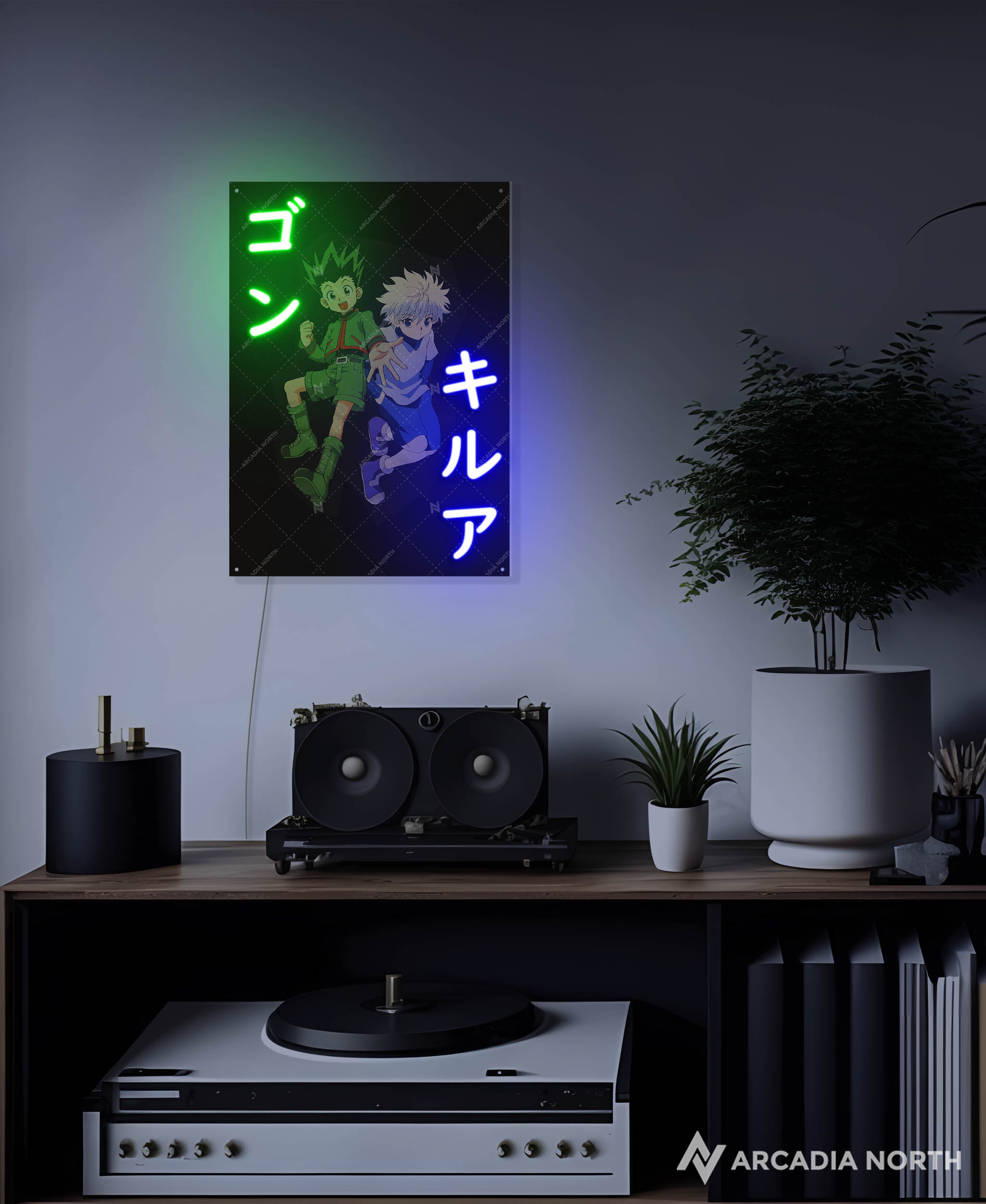 Arcadia North AURALIGHT - an LED Poster featuring the anime Hunter x Hunter with Gon and Killua and their names written in Japanese Katakana [ゴン] and [キルア]. The names are illuminated by glowing LED neon lights that match each character’s main color. UV-printed poster on acrylic.