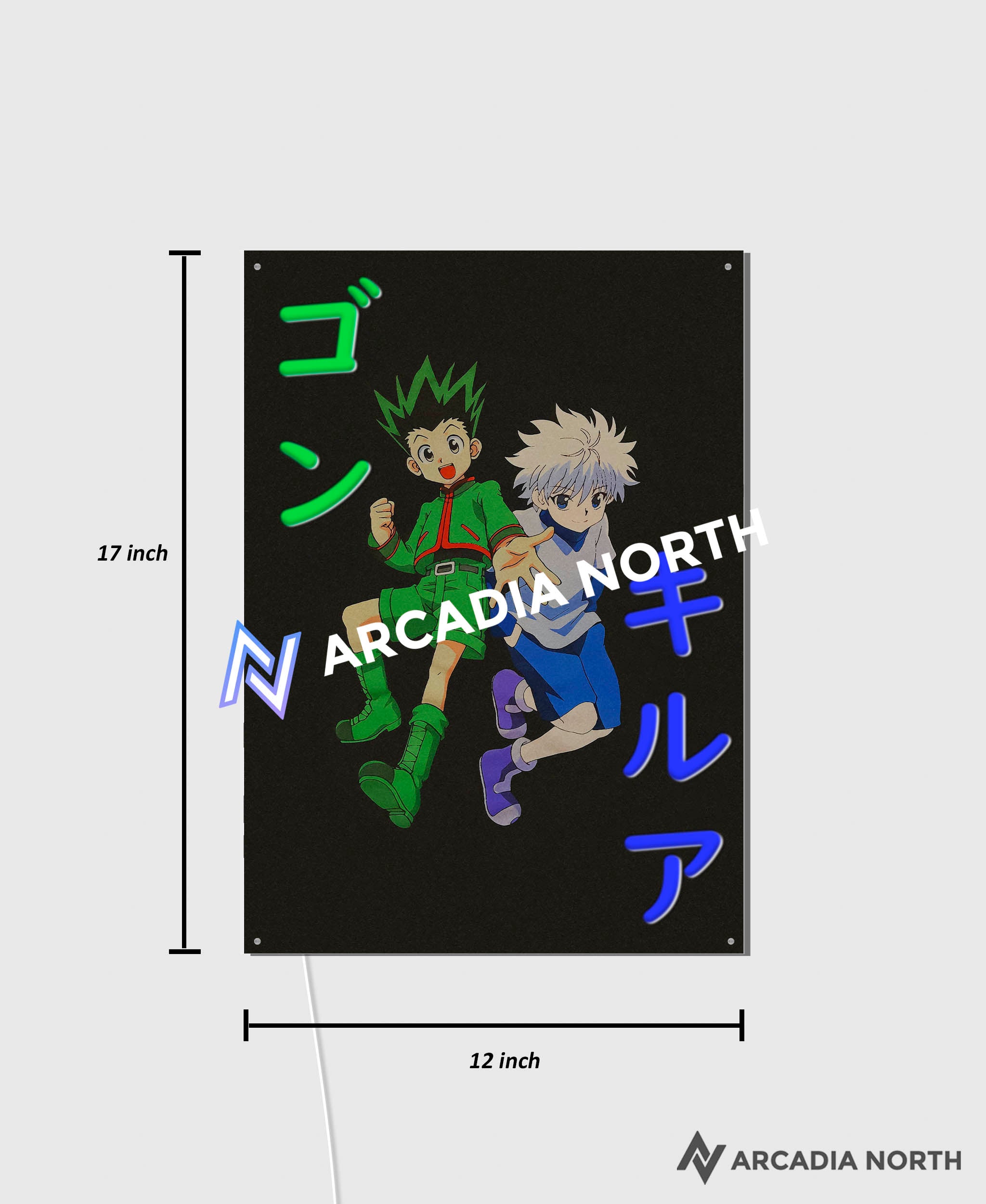 Arcadia North AURALIGHT Original LED Poster featuring the anime Hunter x Hunter with Gon and Killua and their names written in Japanese Katakana [ゴン] and [キルア]. The names are illuminated by glowing LED neon lights that match each character’s main color. UV-printed poster on acrylic.