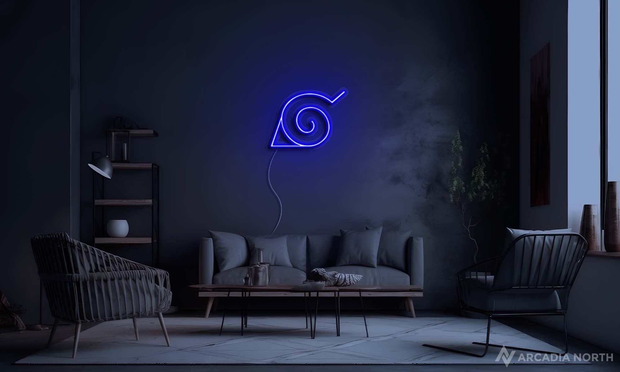 Modern living room with a blue Naruto Hidden Leaf Village neon sign glowing on the wall
