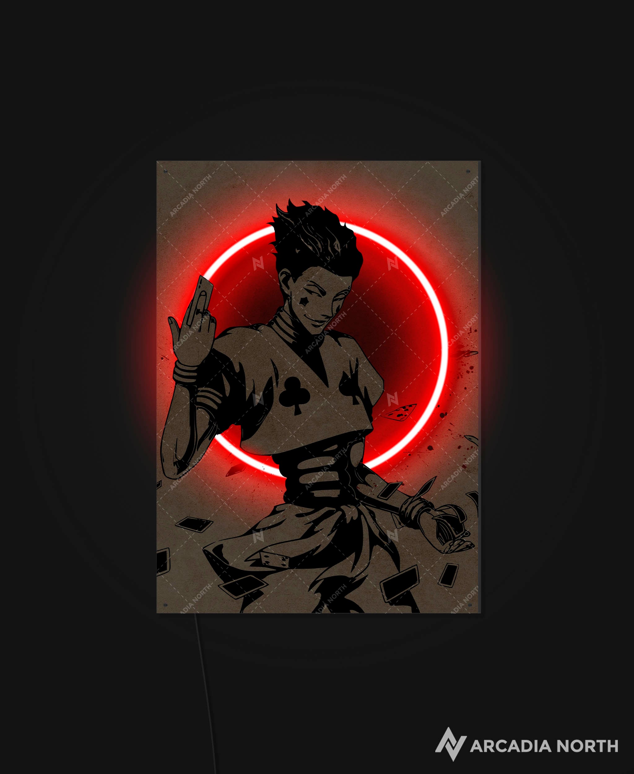 Arcadia North AURALIGHT - an LED Poster featuring the anime Hunter x Hunter with Hisoka in front of a glowing red moon illuminated by LED neon lights. UV-printed poster on acrylic.
