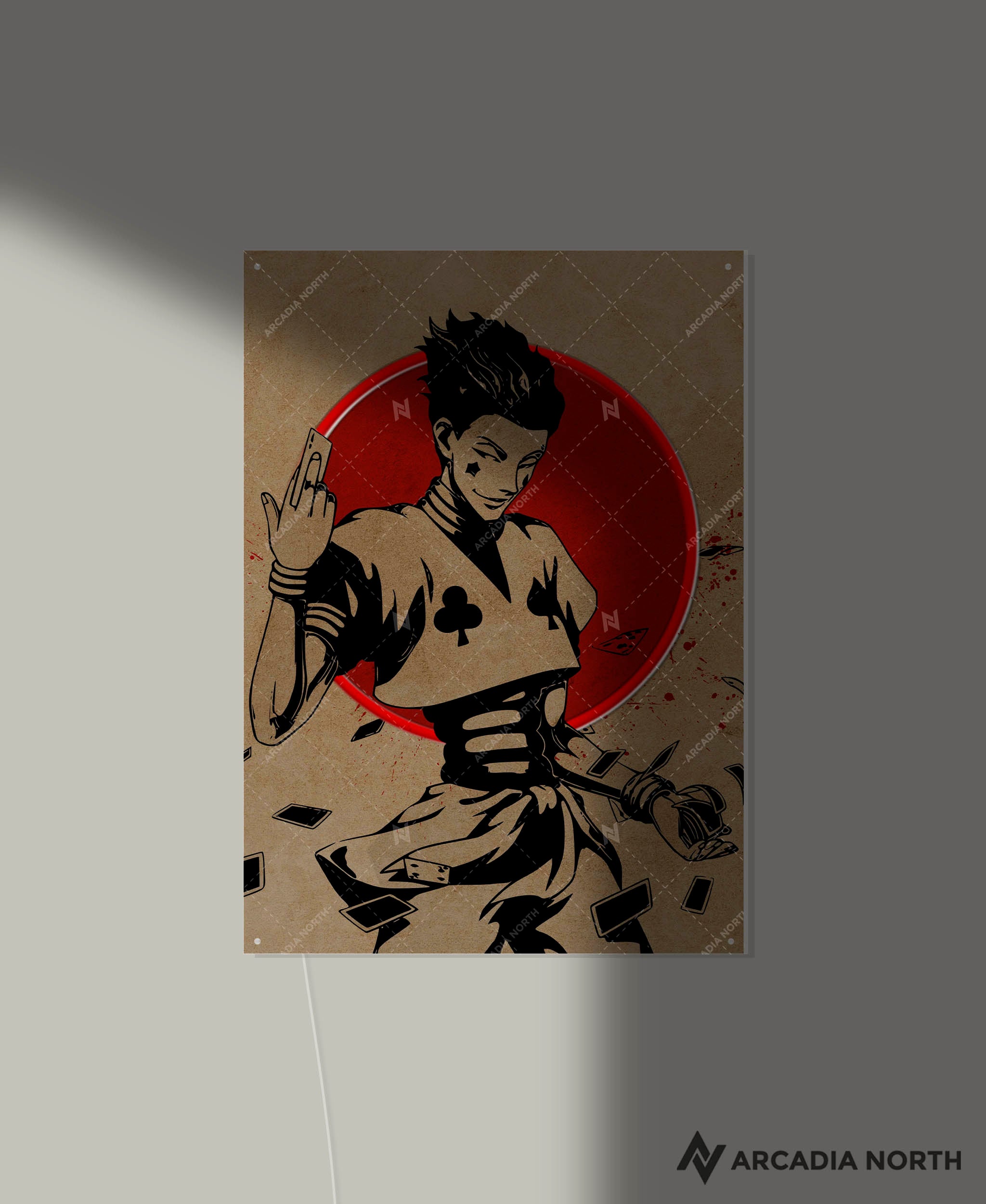 Arcadia North AURALIGHT - an LED Poster featuring the anime Hunter x Hunter with Hisoka in front of a glowing red moon illuminated by LED neon lights. UV-printed poster on acrylic.