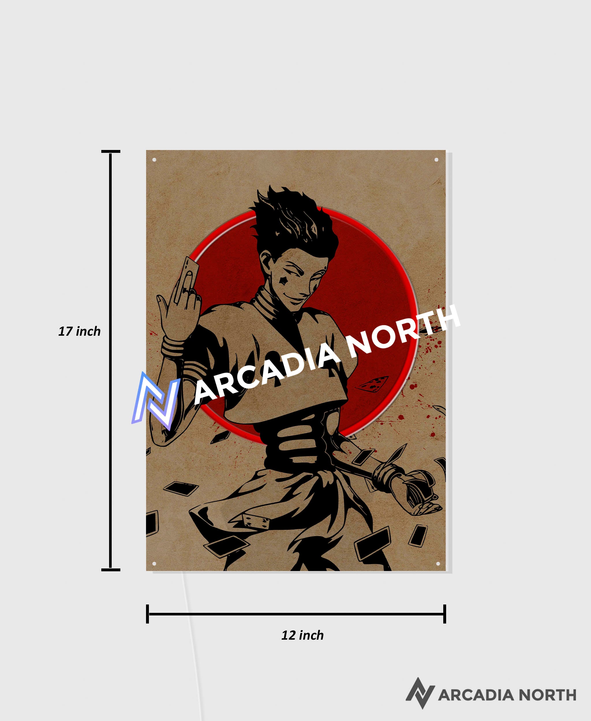 Arcadia North AURALIGHT Original LED Poster featuring the anime Hunter x Hunter with Hisoka in front of a glowing red moon illuminated by LED neon lights. UV-printed poster on acrylic.