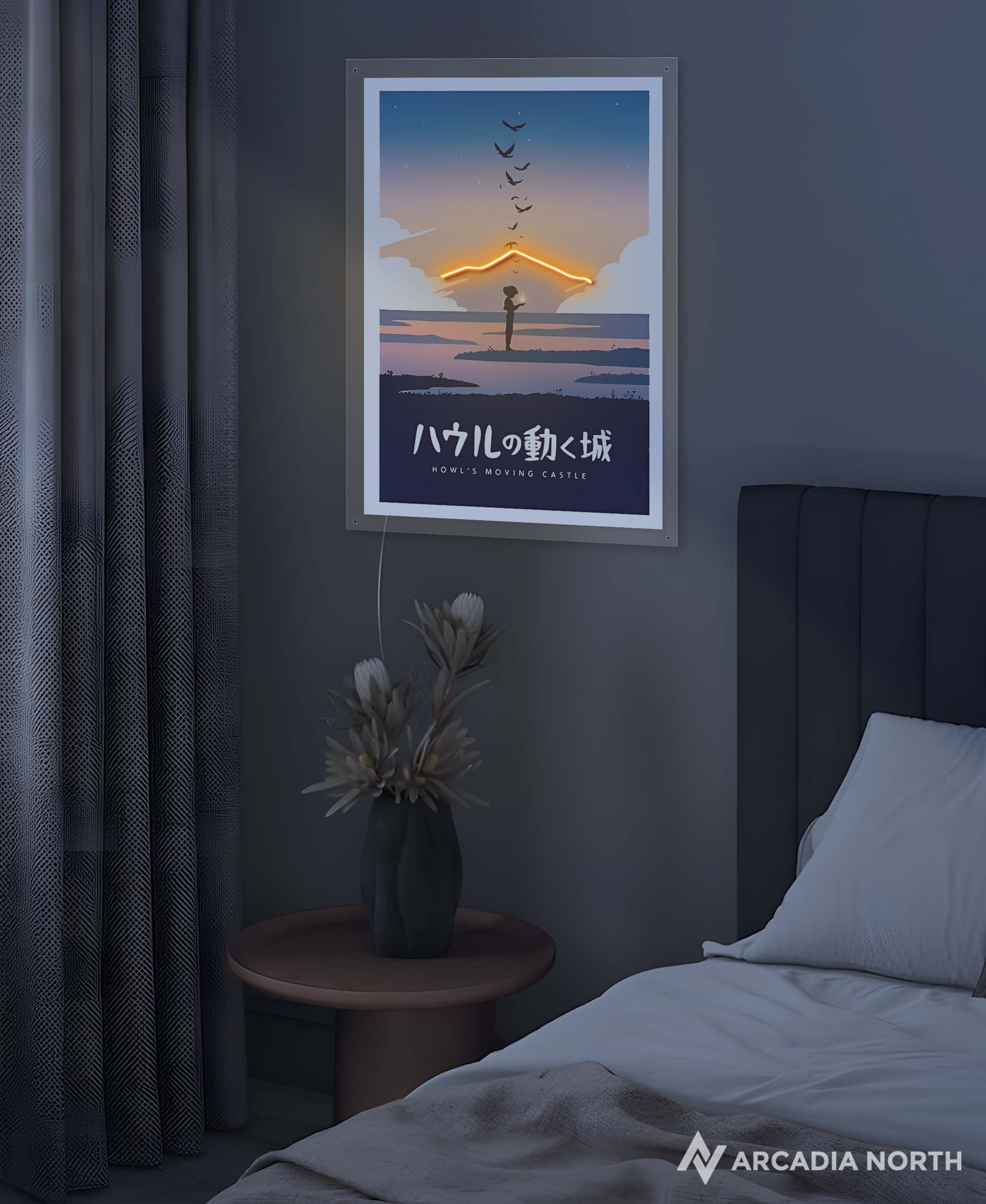 Arcadia North AURALIGHT Original LED Poster featuring the Studio Ghibli anime Howl's Moving Castle in minimalistic style illuminated by LED neon lights. UV-printed poster on acrylic.