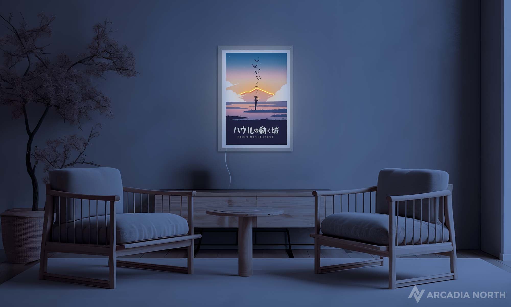 Modern living room with a Studio Ghibli Howl's Moving Castle minimalistic acrylic poster with a neon LED light on the wall