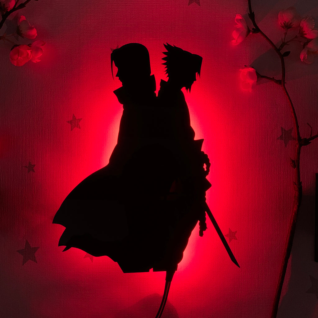 Naruto Itachi Uchiha and Sasuke Uchiha anime silhouette light