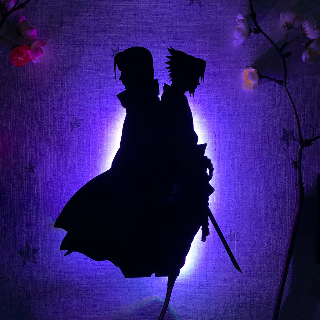 Naruto Itachi Uchiha and Sasuke Uchiha anime silhouette light