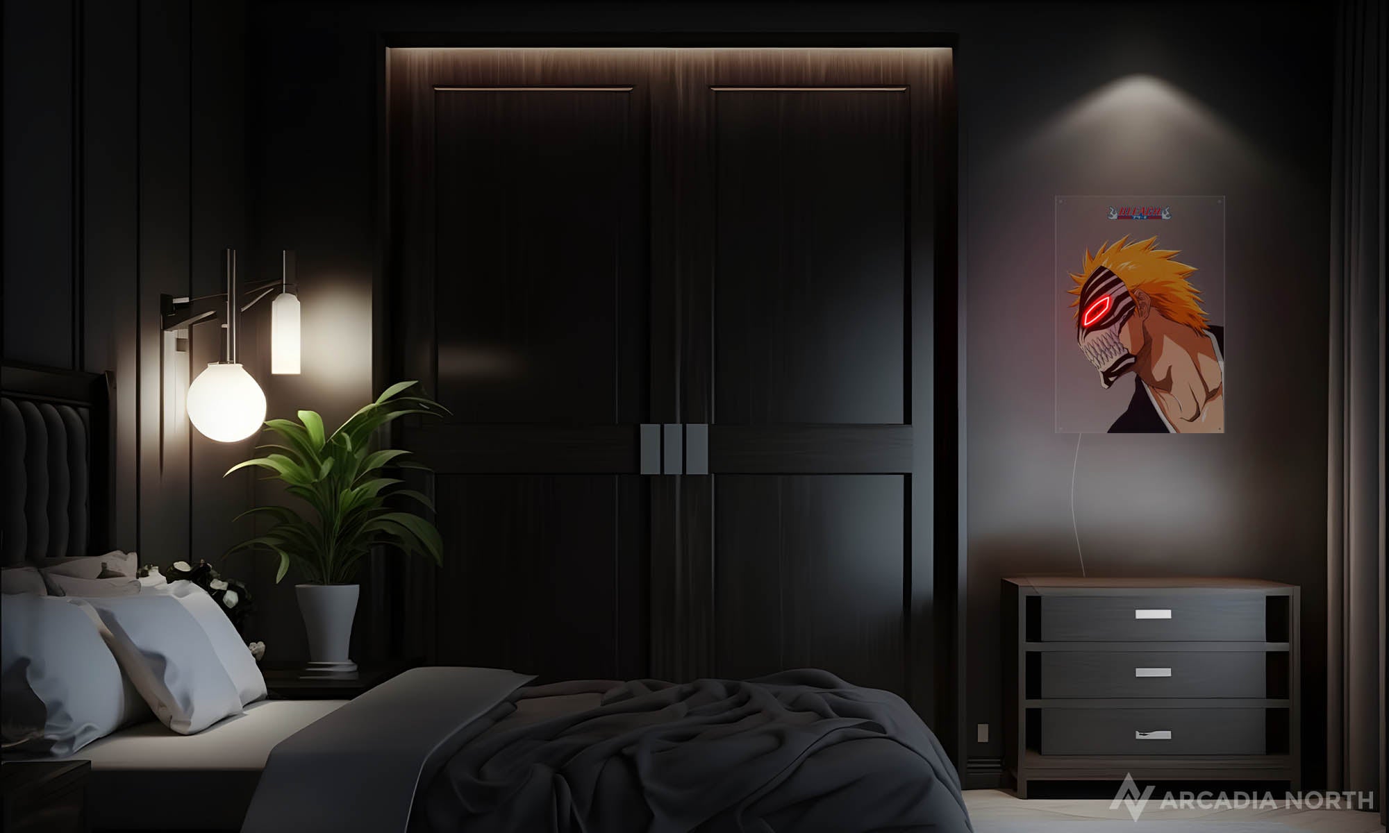 Modern bedroom with a Bleach anime poster on the wall depicting Ichigo Kurosaki with a Hollow Mask with glowing eyes accented with neon lights - UV printed on acrylic - an Arcadia North Original LED Poster