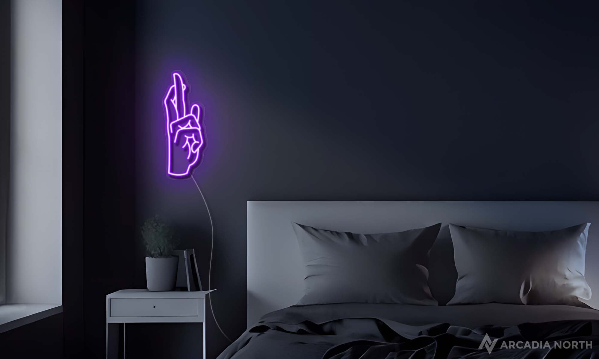 Modern bedroom with a purple Jujutsu Kaisen anime Gojo Infinite Void hand symbol neon sign glowing on the wall above the bedside table