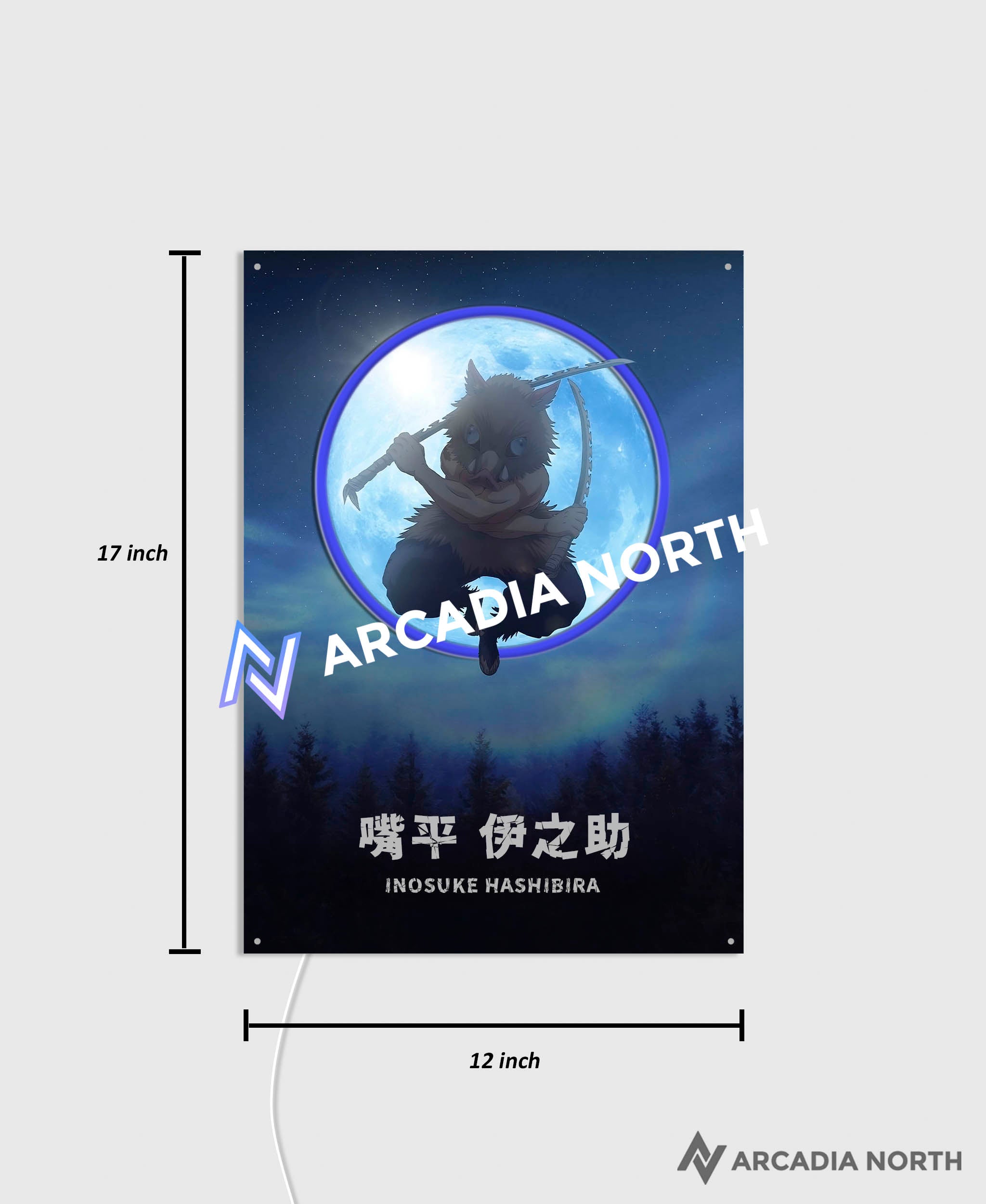 Arcadia North AURALIGHT Original LED Poster featuring the anime Demon Slayer with Inosuke Hashibira in front of a moon Illuminated by glowing neon LED lights. UV-printed on acrylic.