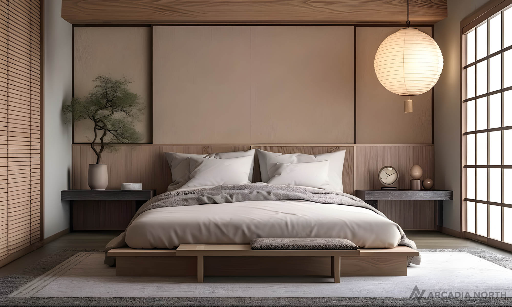 Modern Japanese bedroom with an empty wall above the bed