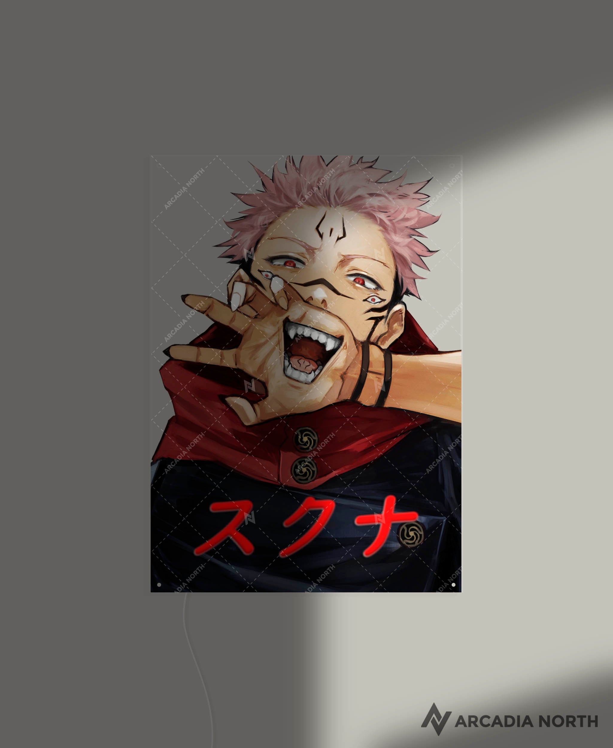 Arcadia North AURALIGHT - an LED Poster featuring the anime Jujutsu Kaisen with Sukuna art and Sukuna written in Japanese Katakana illuminated by LED neon lights. UV-printed poster on acrylic.