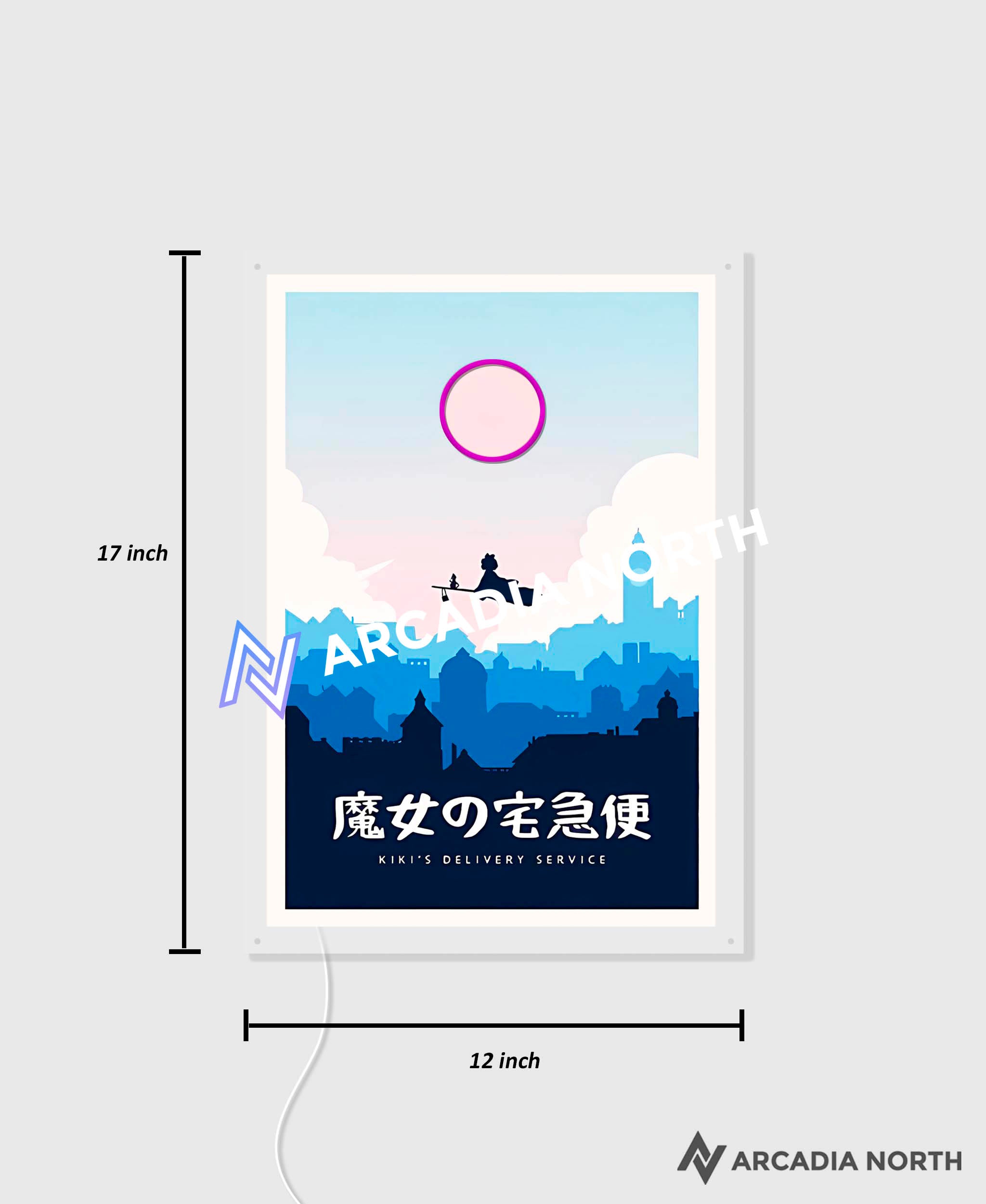Arcadia North AURALIGHT Original LED Poster featuring the Studio Ghibli anime Kiki's Delivery Service in minimalistic style. Illuminated by glowing neon LED lights. UV-printed on acrylic.