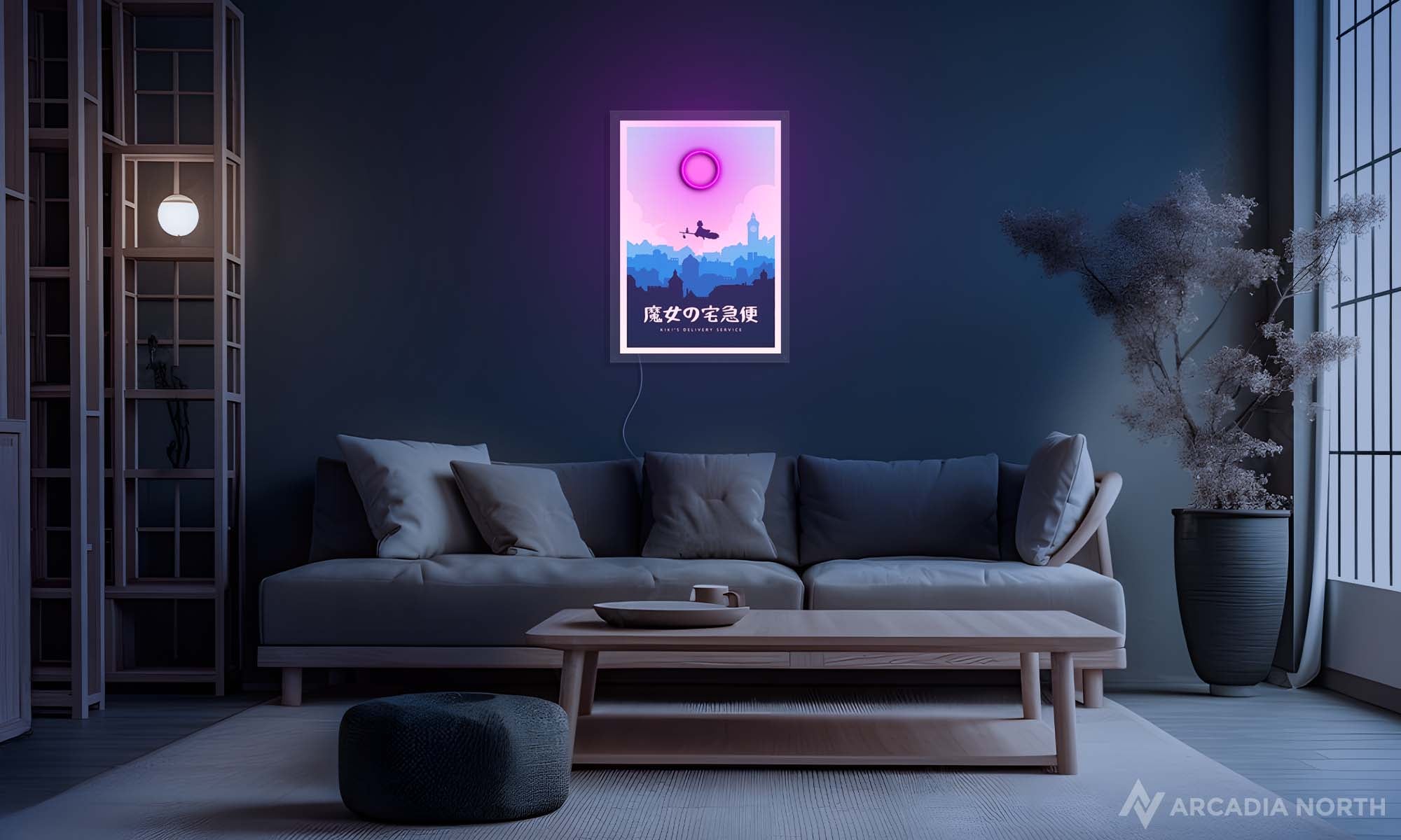 Modern living room with a Studio Ghibli Kiki's Delivery Service minimalistic acrylic poster with a neon LED light on the wall above a couch