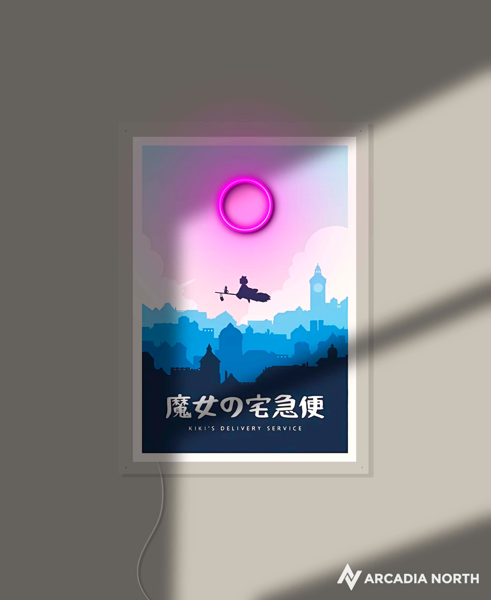 Arcadia North AURALIGHT Original LED Poster featuring the Studio Ghibli anime Kiki's Delivery Service in minimalistic style. Illuminated by glowing neon LED lights. UV-printed on acrylic.