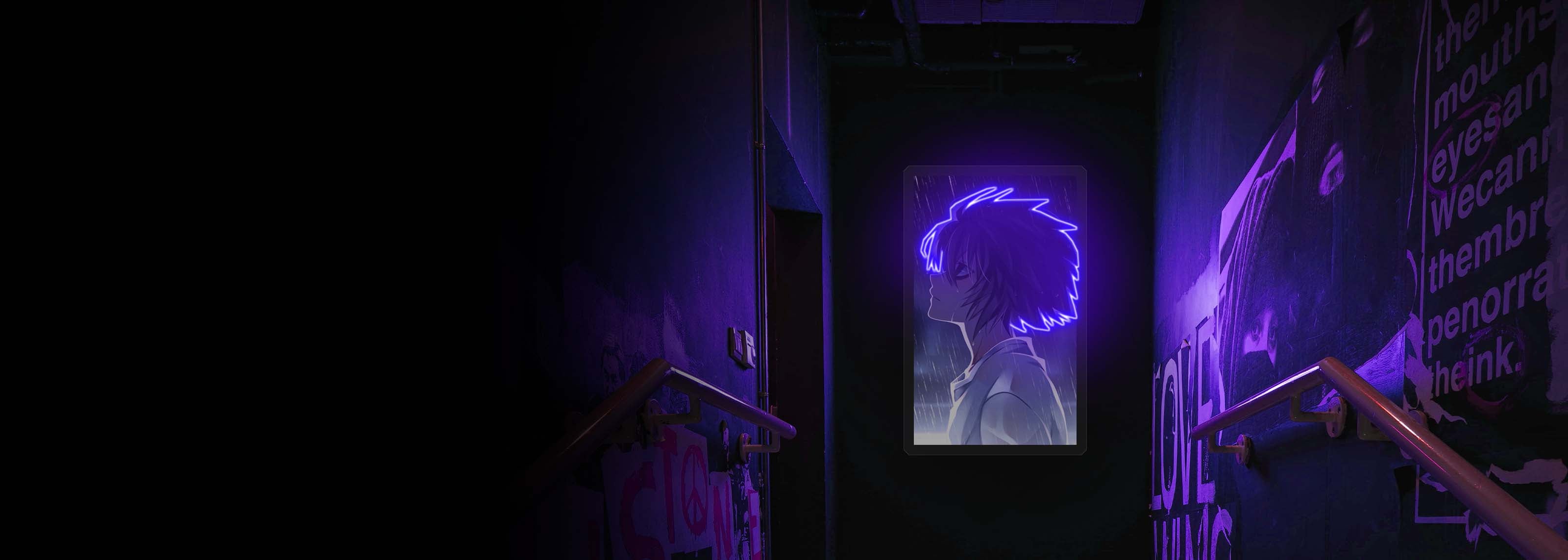 Anime LED neon poster glowing in a hallway
