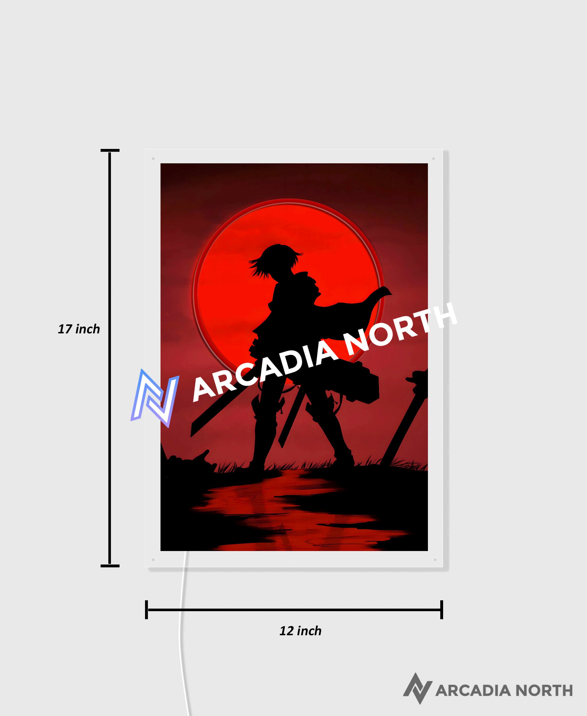 Arcadia North AURALIGHT Original LED Poster featuring the anime Attack on Titan with Levi Ackerman standing in front of a red moon illuminated by glowing neon LED lights. UV-printed on acrylic.