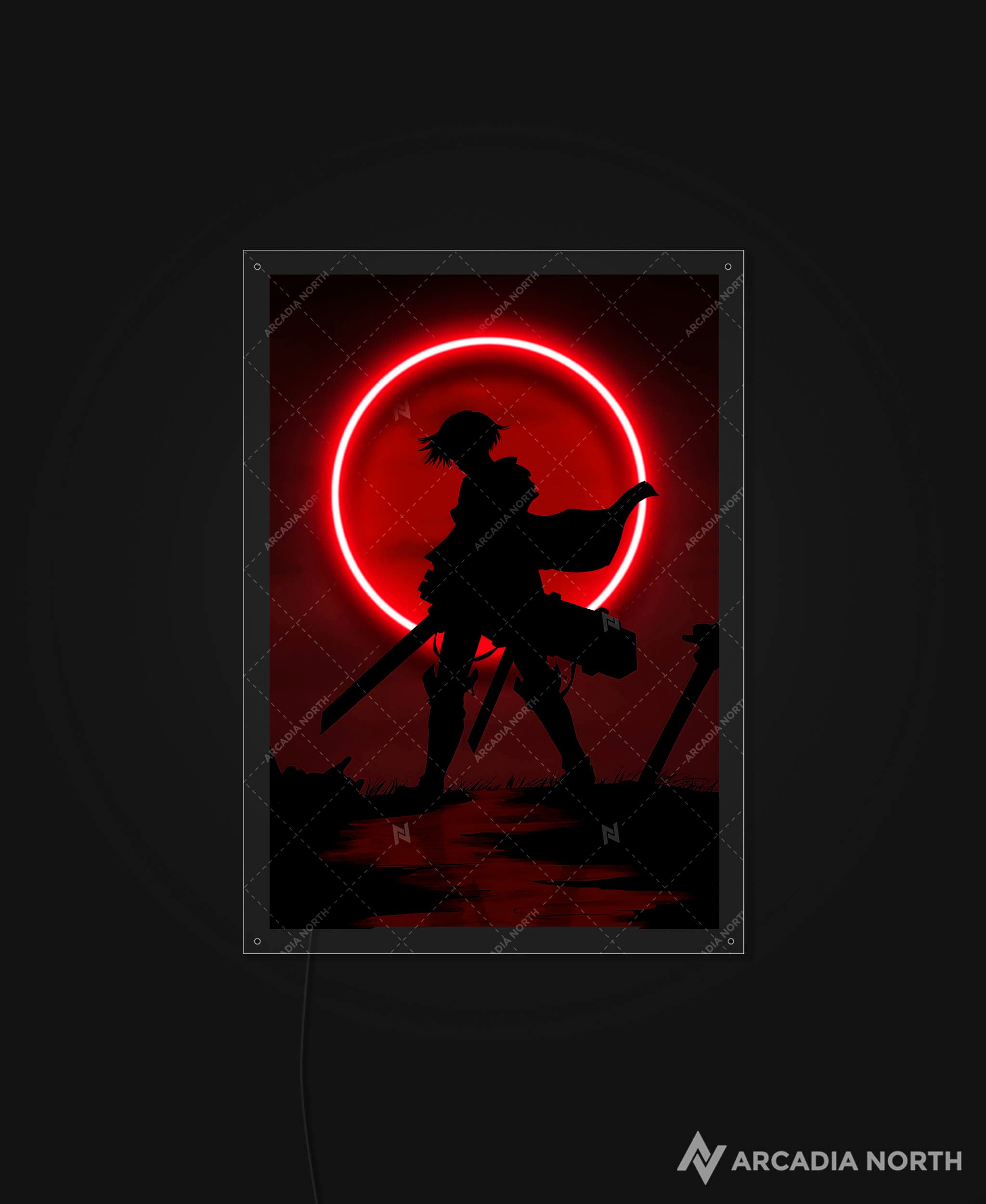 Arcadia North AURALIGHT - an LED Poster featuring the anime Attack on Titan with Levi Ackerman standing in front of a red moon illuminated by glowing neon LED lights. UV-printed on acrylic.