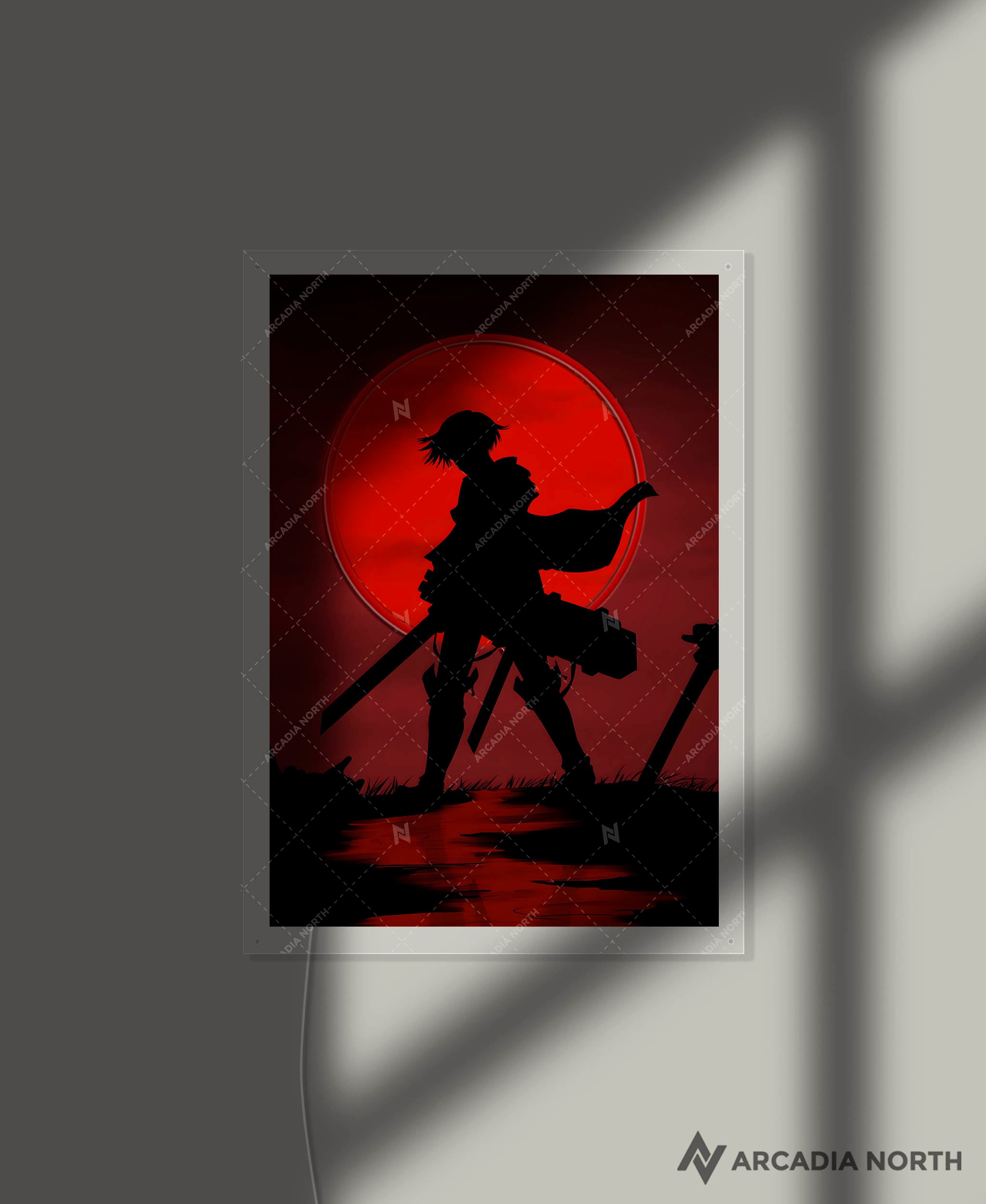 Arcadia North AURALIGHT - an LED Poster featuring the anime Attack on Titan with Levi Ackerman standing in front of a red moon illuminated by glowing neon LED lights. UV-printed on acrylic.