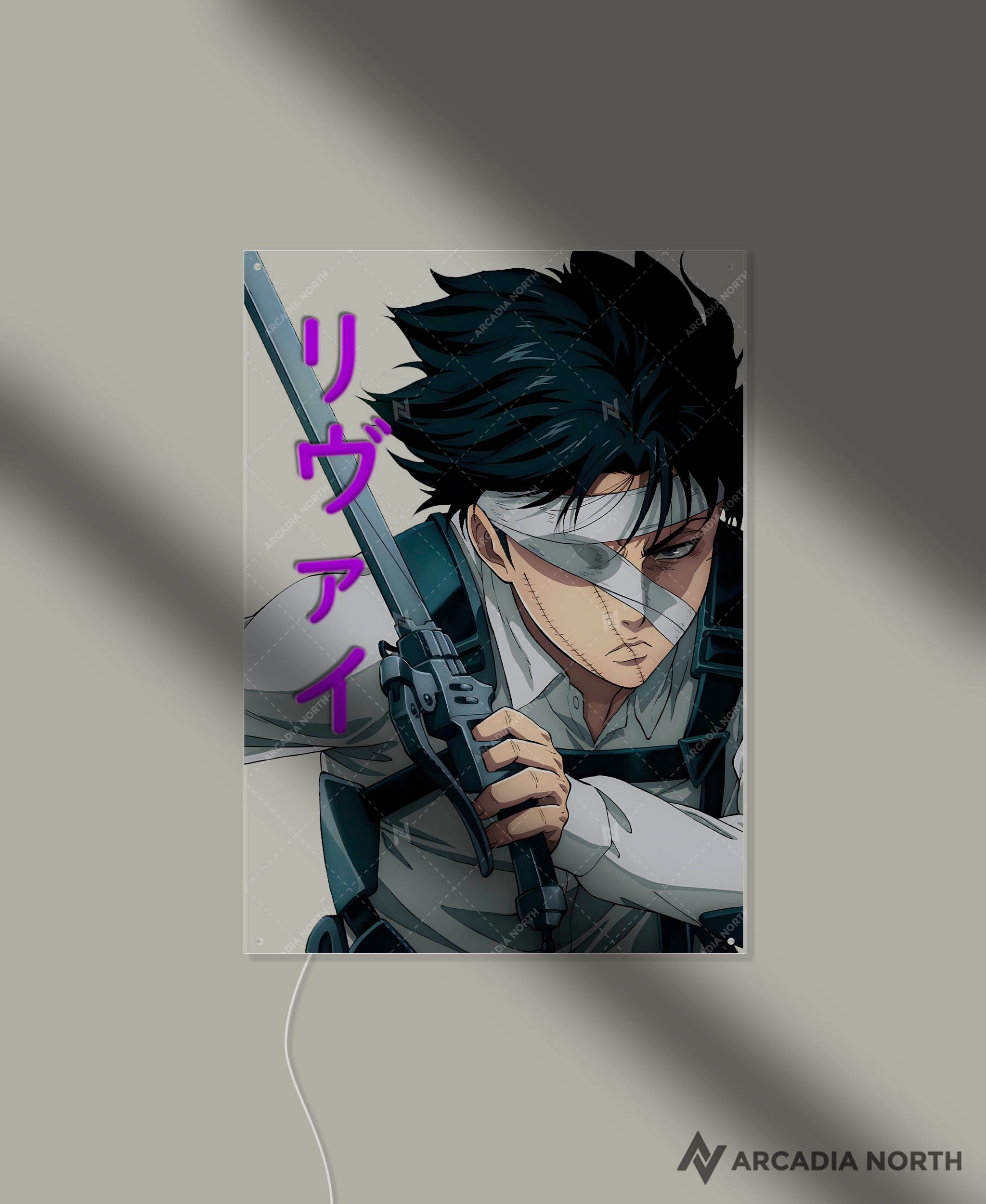 Arcadia North AURALIGHT - an LED Poster featuring the anime Attack on Titan with Levi Ackerman. Levi is written in Japanese Kana and illuminated by glowing neon LED lights. UV-printed on acrylic.