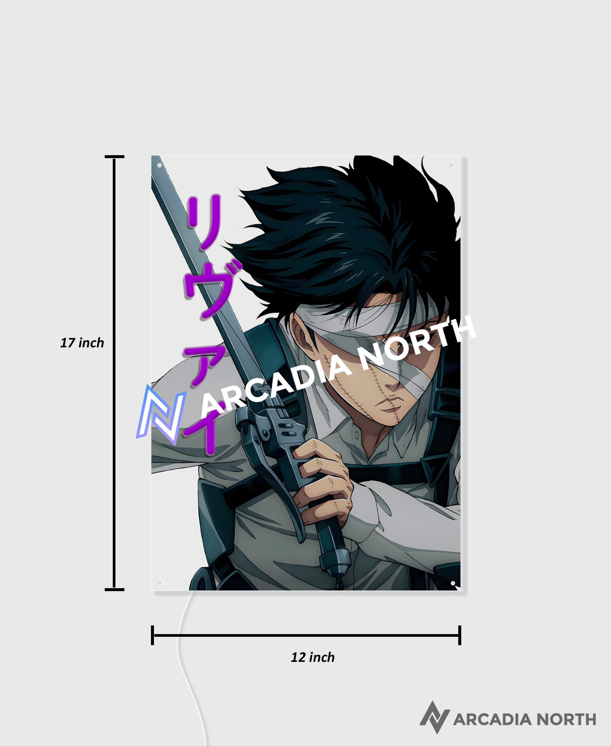 Arcadia North AURALIGHT Original LED Poster featuring the anime Attack on Titan with Levi Ackerman. Levi is written in Japanese Kana and illuminated by glowing neon LED lights. UV-printed on acrylic.