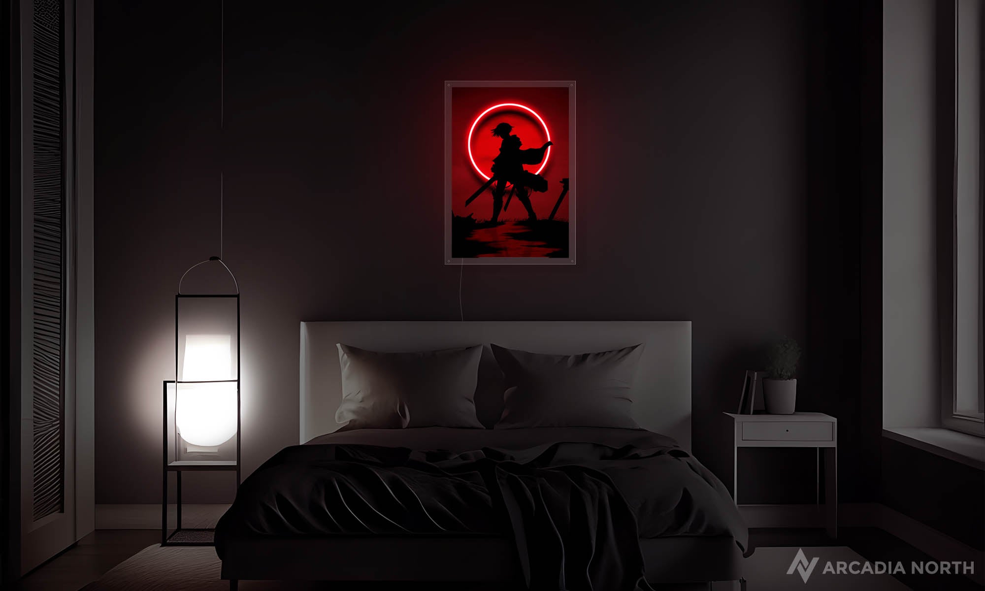 Modern bedroom with an Attack on Titan poster with Levi Ackerman's silhouette in front of a red moon outlined by neon lights above the bed - UV printed on acrylic - an Arcadia North Original LED Poster