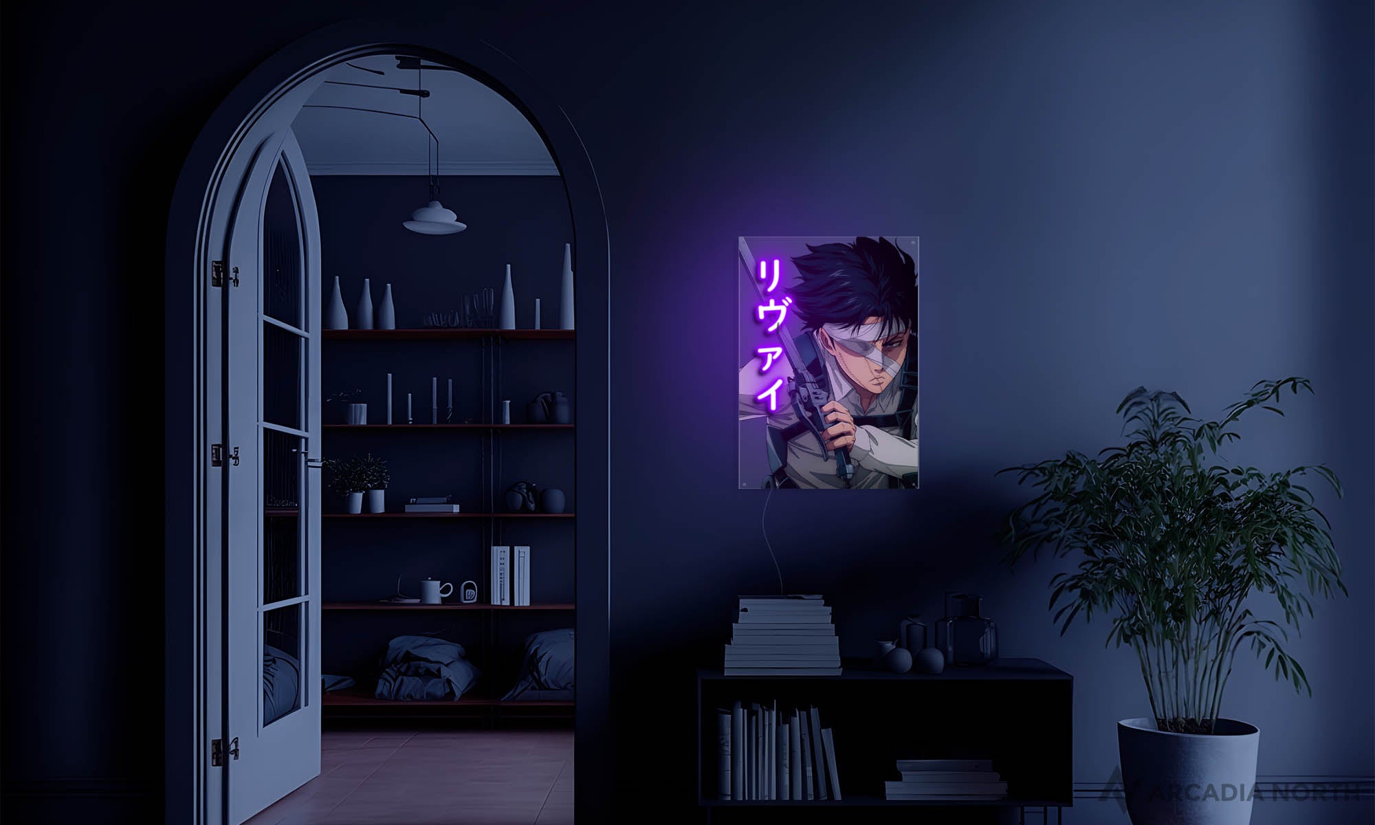 Modern living room with an Arcadia North anime LED poster of Levi Ackerman with Levi written in Japanese Katakana and highlighted in purple neon lights