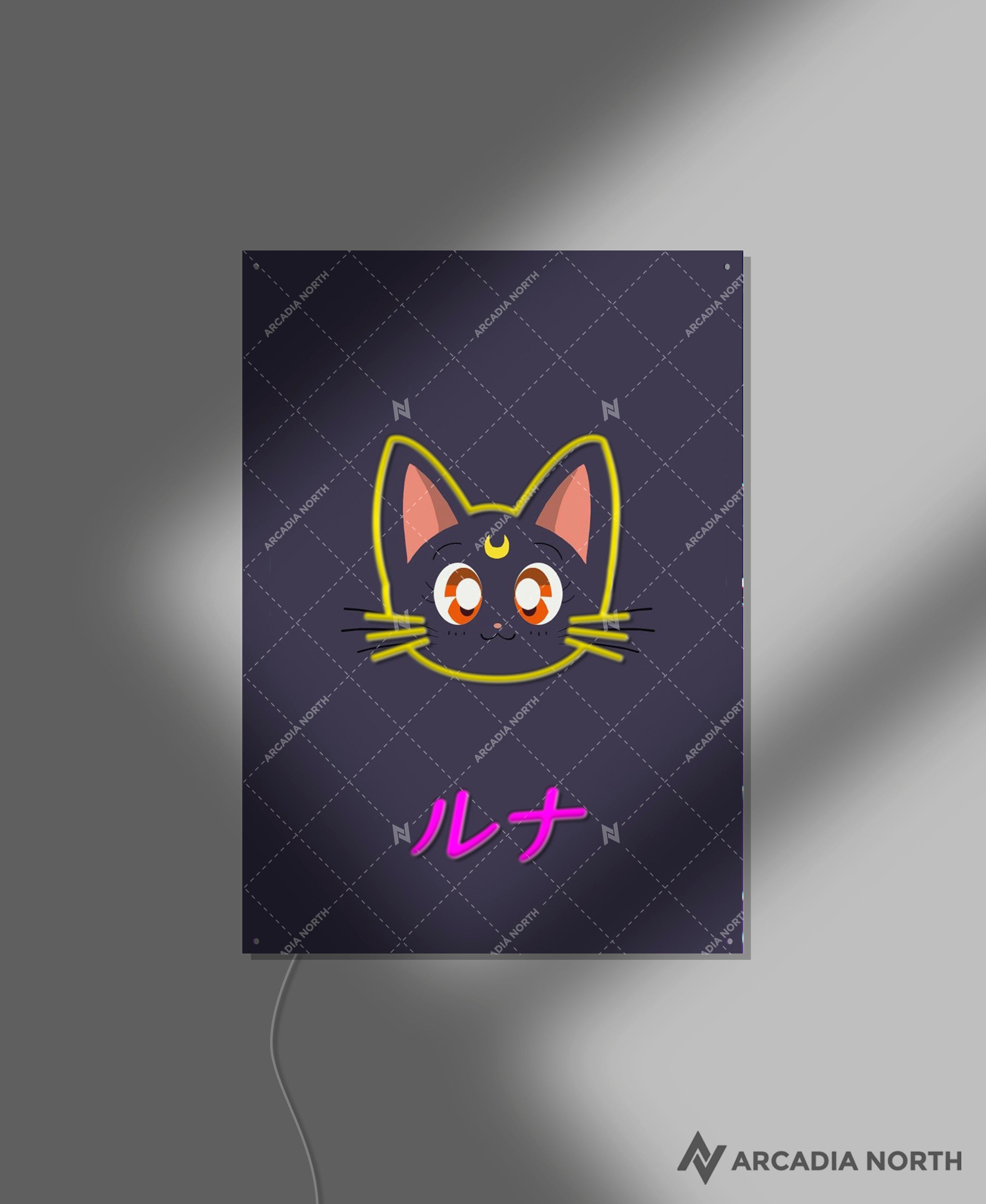 Arcadia North AURALIGHT - an acrylic LED Poster featuring the anime Sailor Moon with Luna. Luna is written in Japanese Katakana and illuminated by glowing neon LED lights. UV-printed on acrylic.