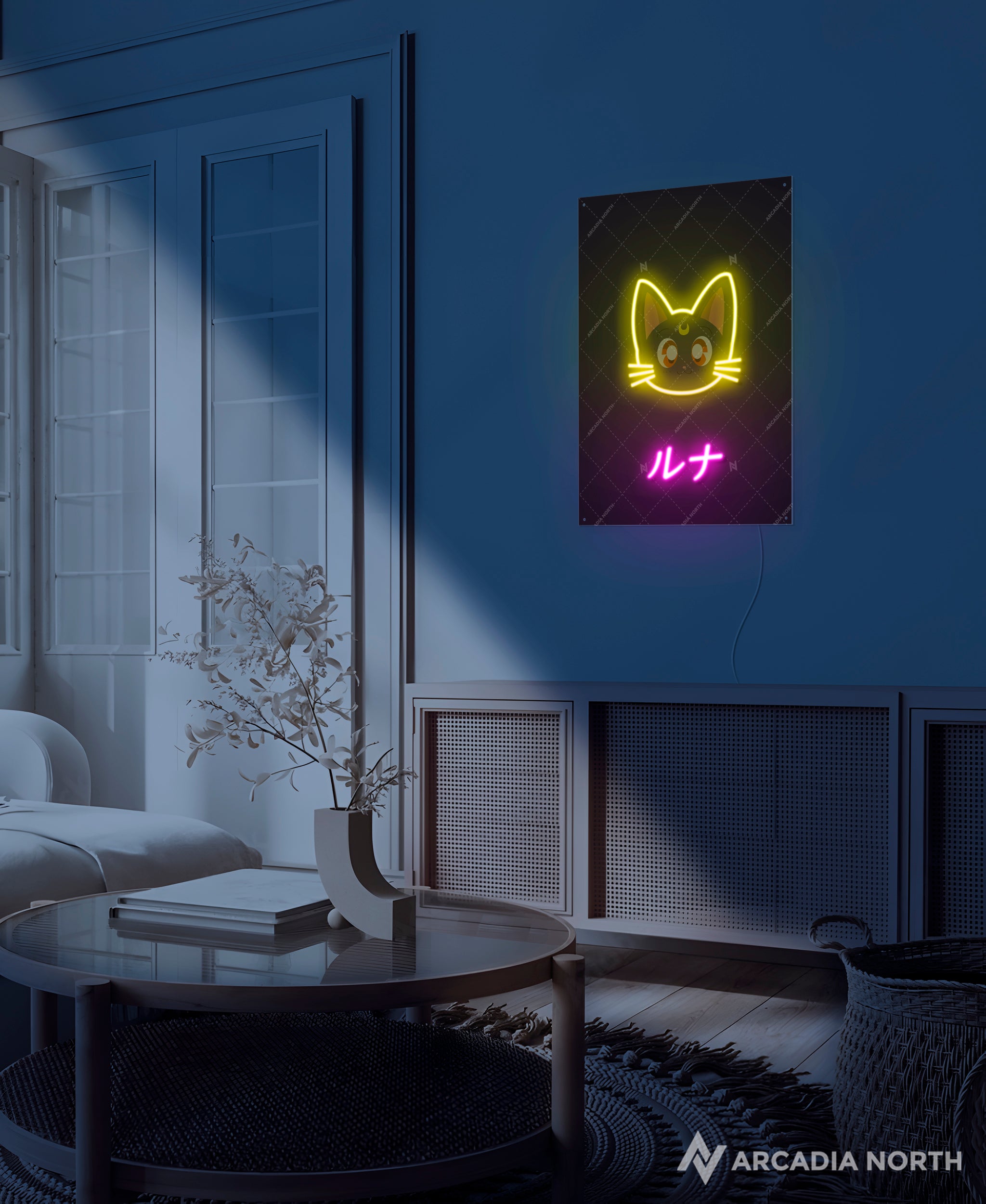 Arcadia North AURALIGHT - an acrylic LED Poster featuring the anime Sailor Moon with Luna. Luna is written in Japanese Katakana and illuminated by glowing neon LED lights. UV-printed on acrylic.