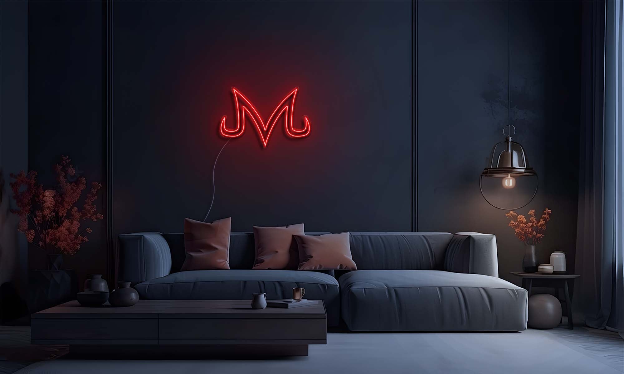 Modern living room with a red Dragon Ball anime Majin symbol neon sign glowing on the wall above a couch