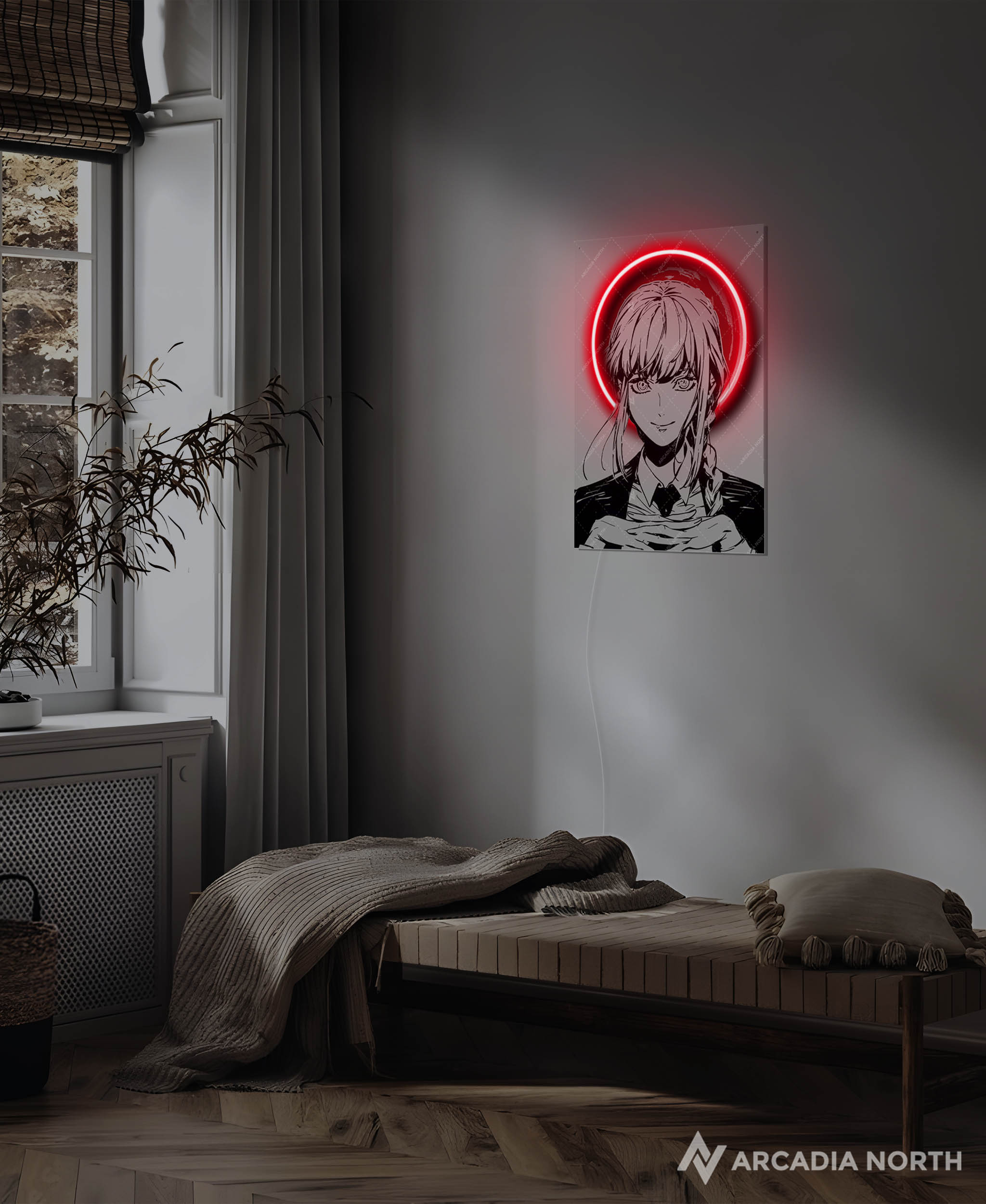 Arcadia North AURALIGHT - an LED Poster featuring the anime Chainsaw Man with Makima in front of a moon Illuminated by glowing neon LED lights. UV-printed on acrylic.