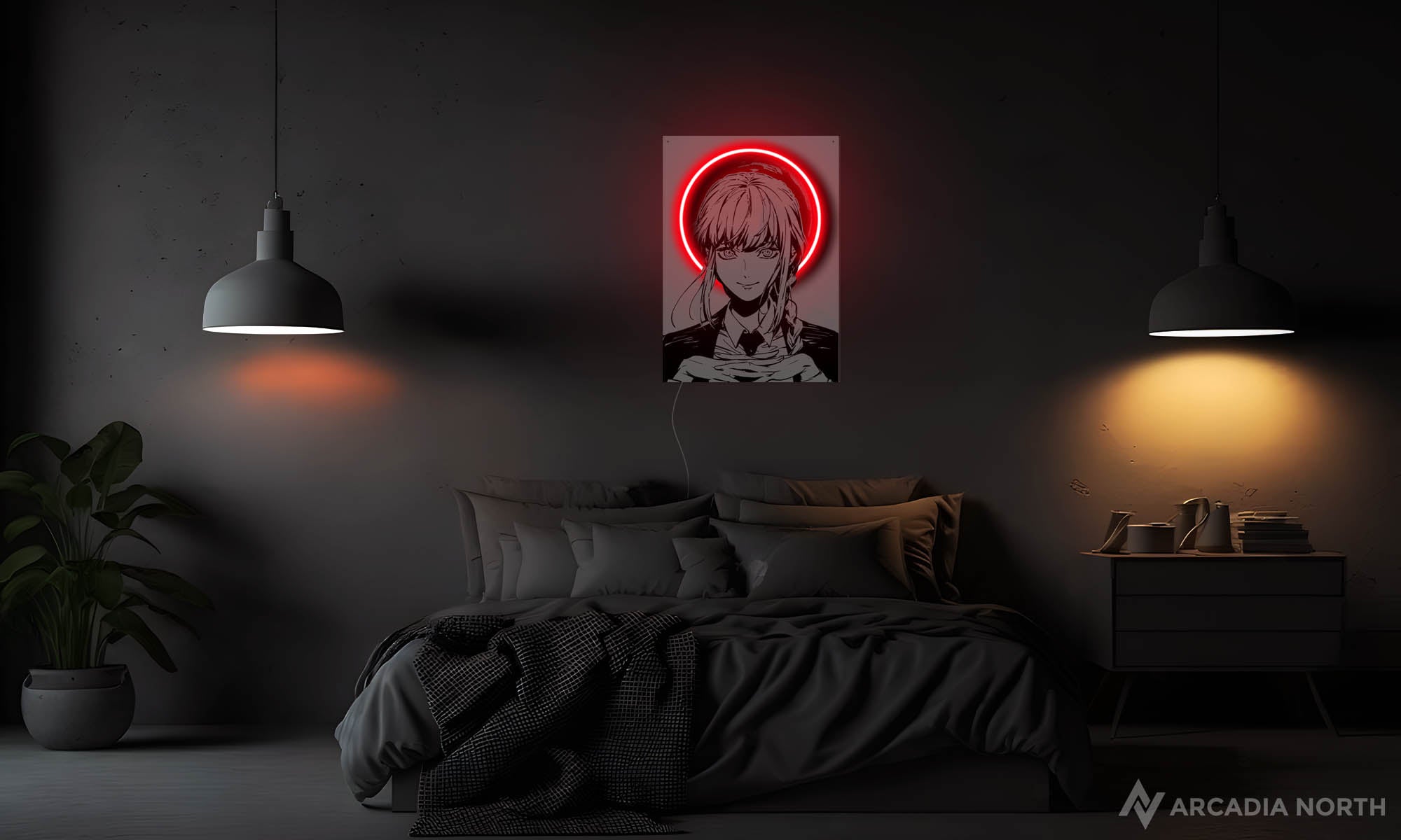 Modern bedroom with a Chainsaw Man poster of Makima in front of a red moon outlined by neon lights above the bed - UV printed on acrylic - an Arcadia North Original LED Poster