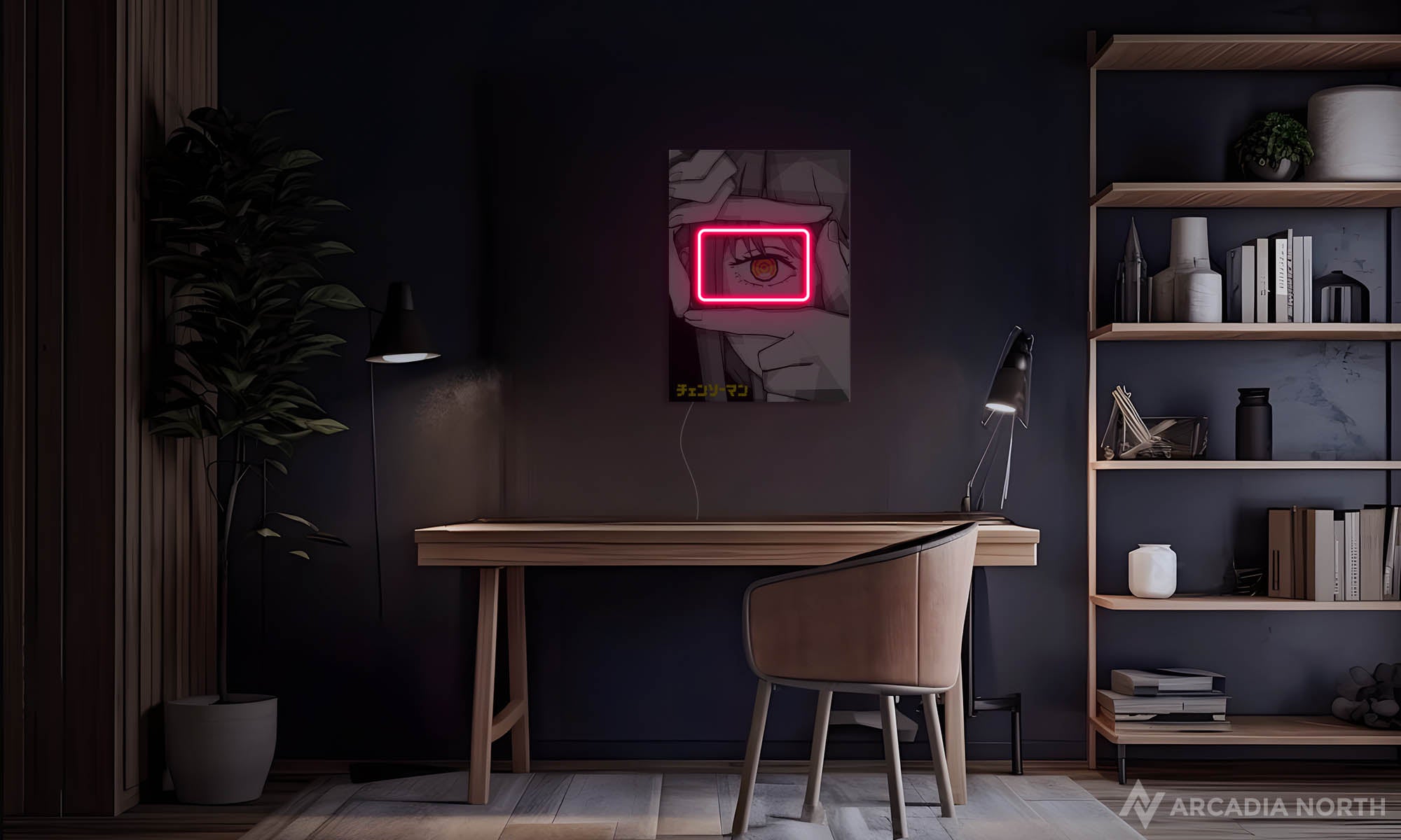 Modern minimalist desk setup with a Chainsaw Man anime poster on the wall depicting Makima holding up her hands like a camera focused on her eye paired with glowing neon LED lights - UV printed on acrylic - an Arcadia North Original LED Poster