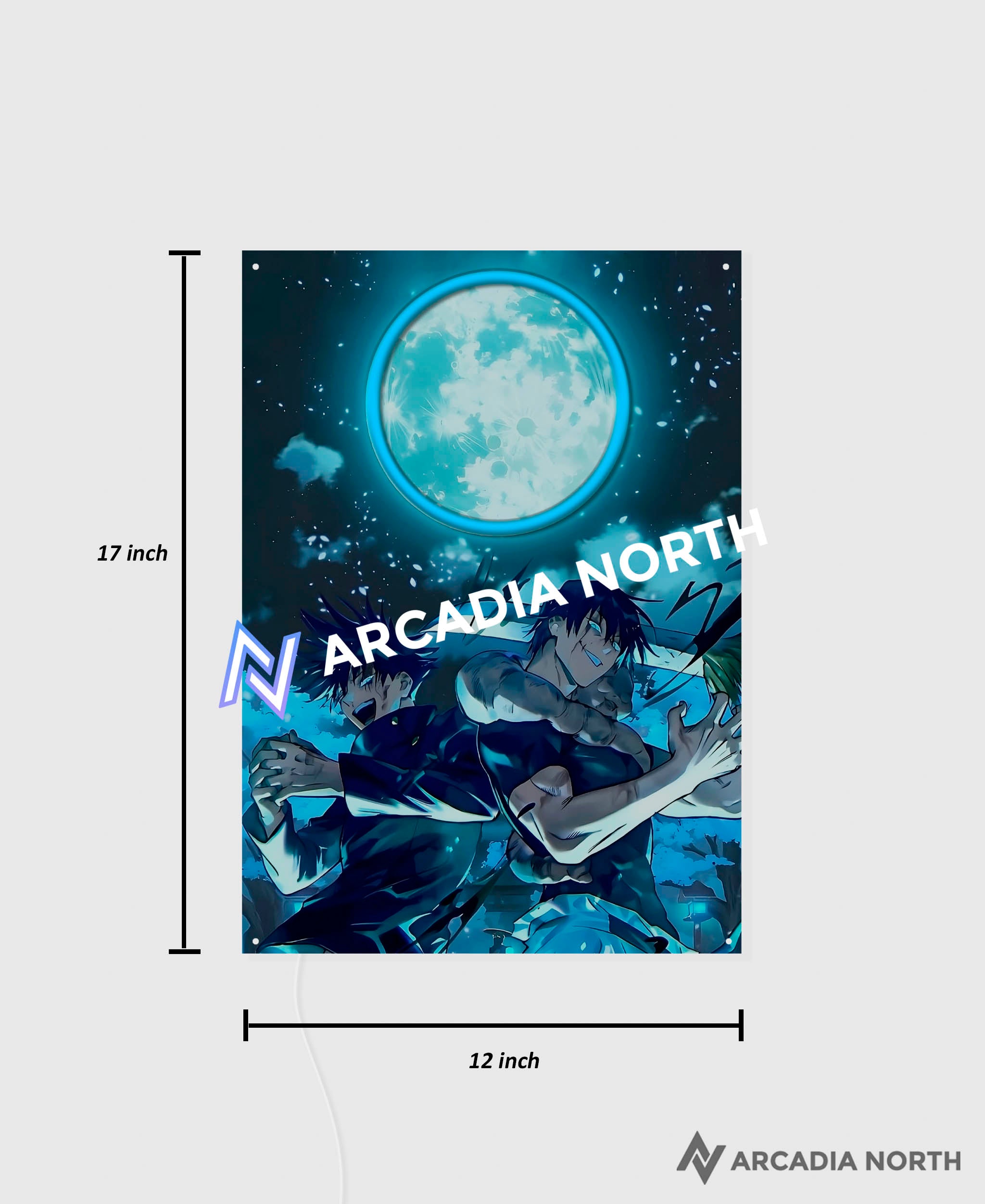 Arcadia North AURALIGHT Original LED Poster featuring the anime Jujutsu Kaisen with Toji Fushiguro and Megumi Fushiguro illuminated by LED neon lights. UV-printed poster on acrylic.