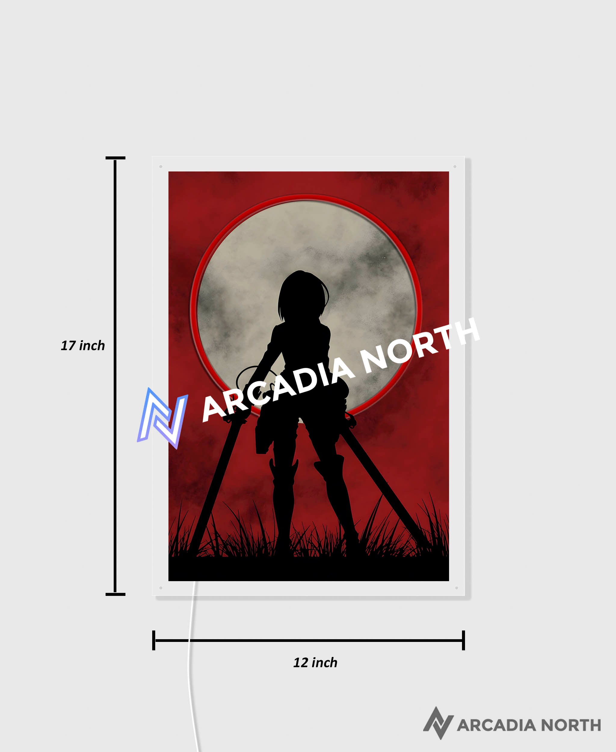 Arcadia North AURALIGHT Original LED Poster featuring the anime Attack on Titan with Mikasa Ackerman standing in front of a red moon illuminated by glowing neon LED lights. UV-printed on acrylic.