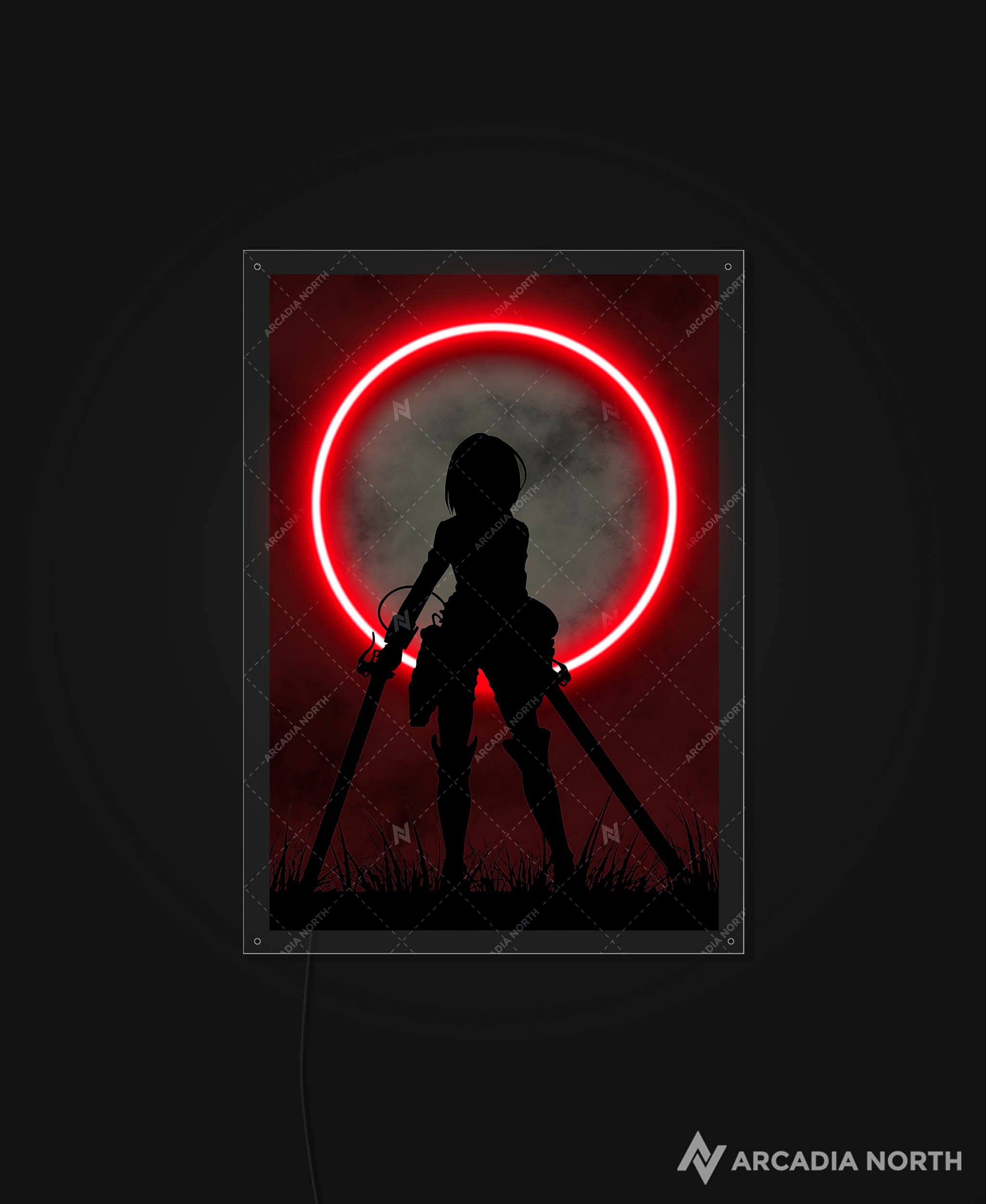 Arcadia North AURALIGHT - an LED Poster featuring the anime Attack on Titan with Mikasa Ackerman standing in front of a red moon illuminated by glowing neon LED lights. UV-printed on acrylic.