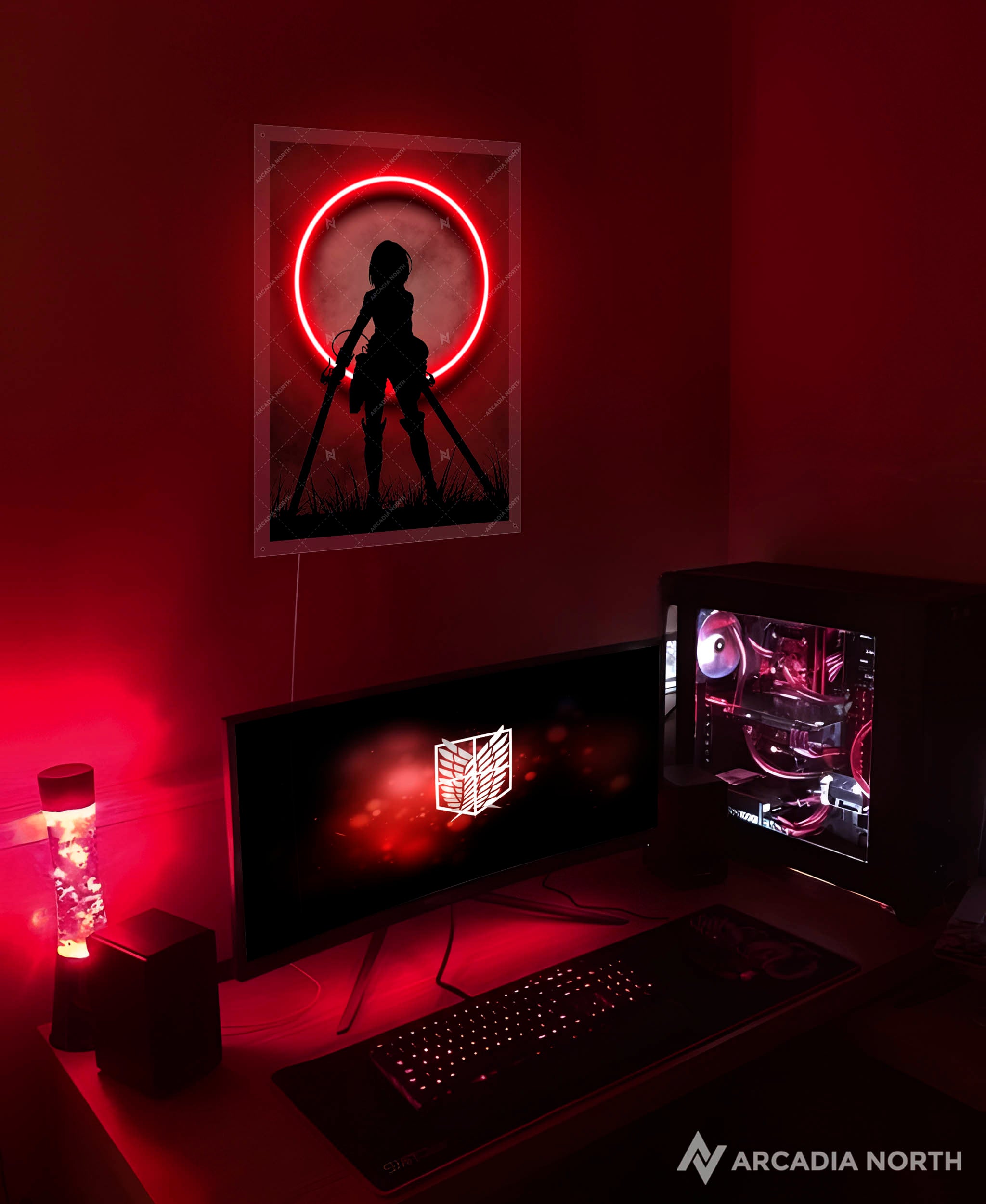 Arcadia North AURALIGHT - an LED Poster featuring the anime Attack on Titan with Mikasa Ackerman standing in front of a red moon illuminated by glowing neon LED lights. UV-printed on acrylic.