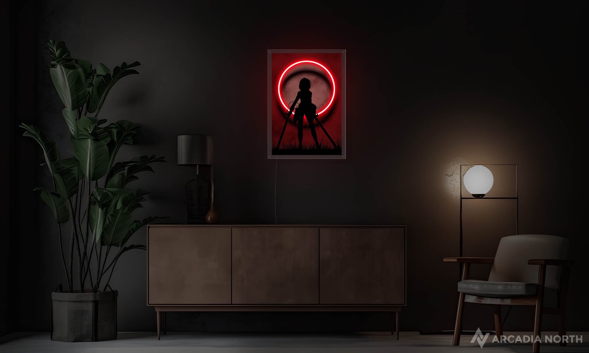Modern living with an Attack on Titan poster with Mikasa Ackerman's silhouette in front of a red moon outlined by neon lights above the console table - UV printed on acrylic - an Arcadia North Original LED Poster